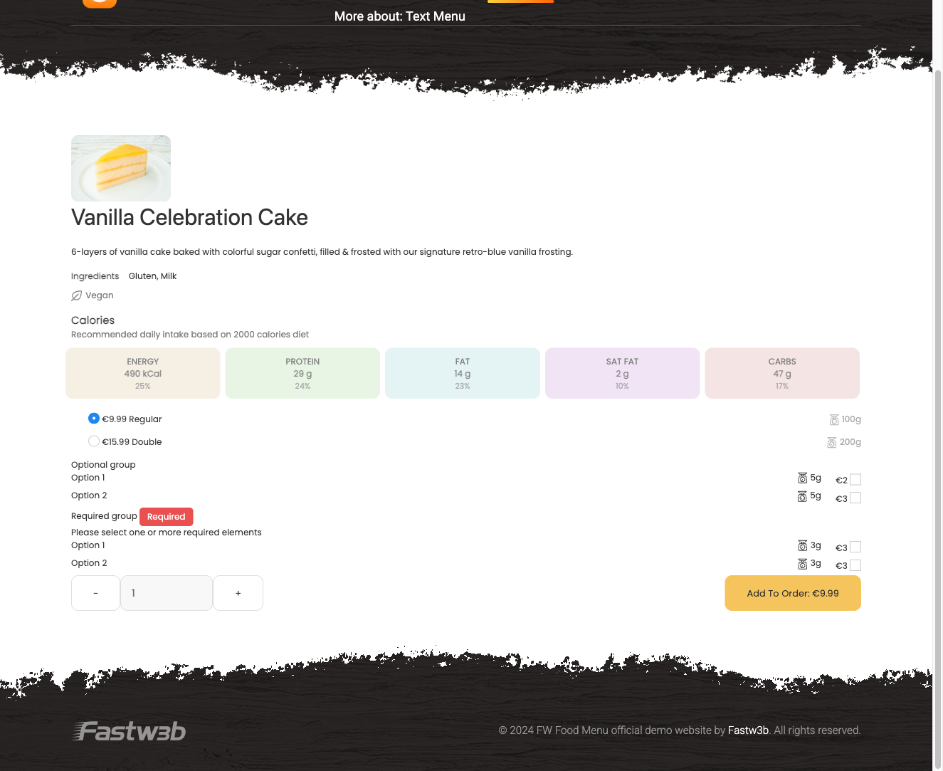 Nutrition facts block on meal detail page