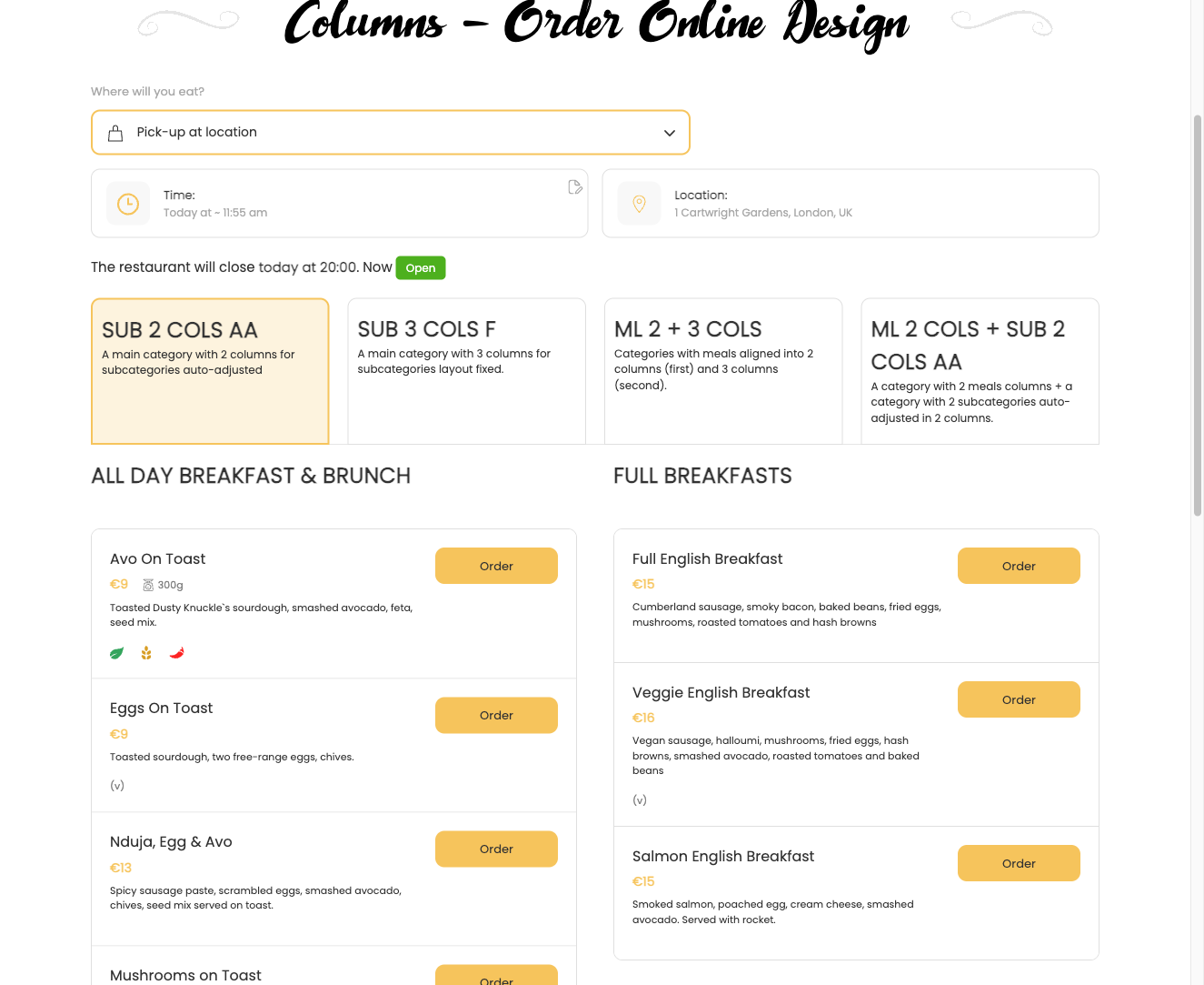 Meal items displayed in 3-column grid