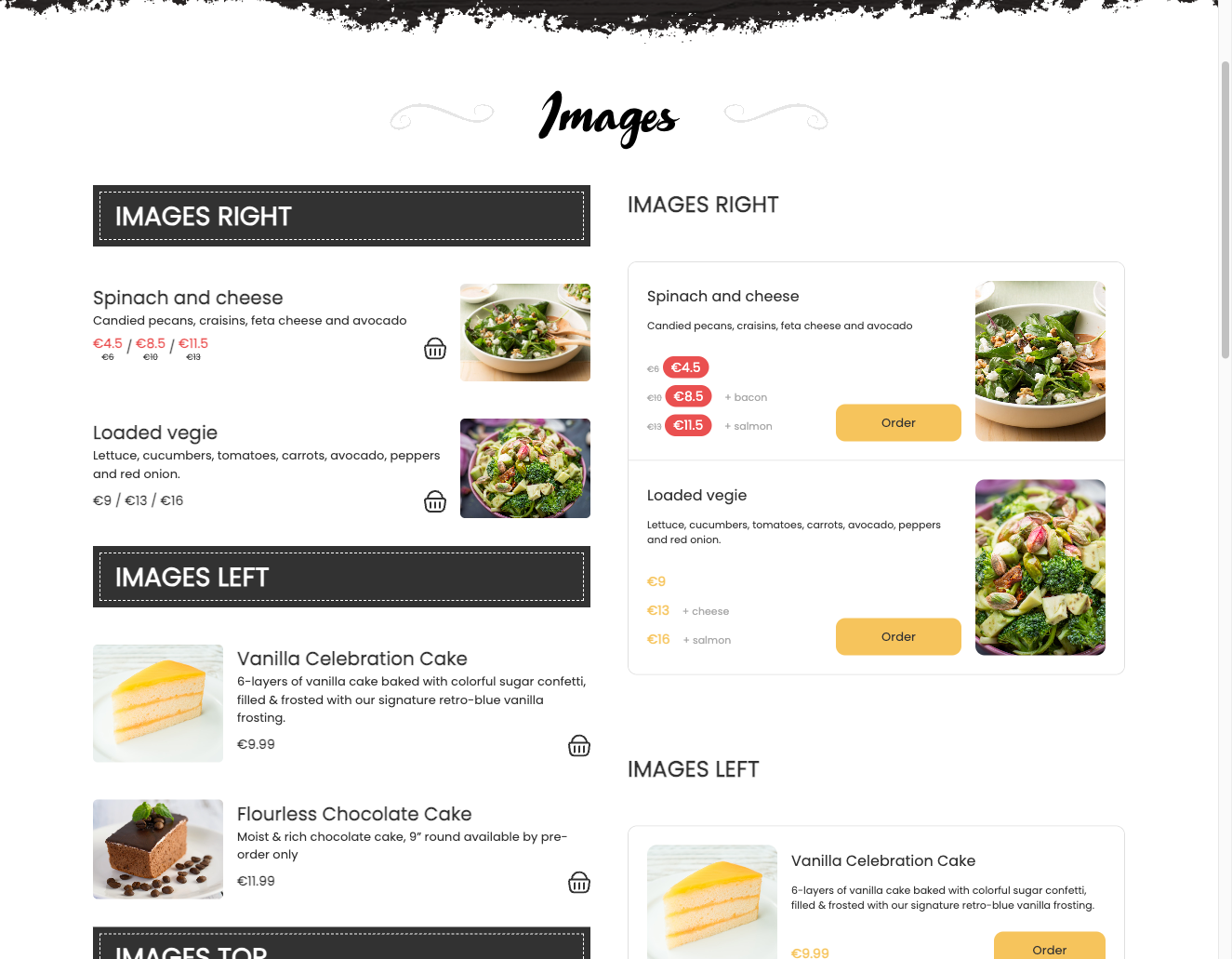 Meal cards with images in listing view