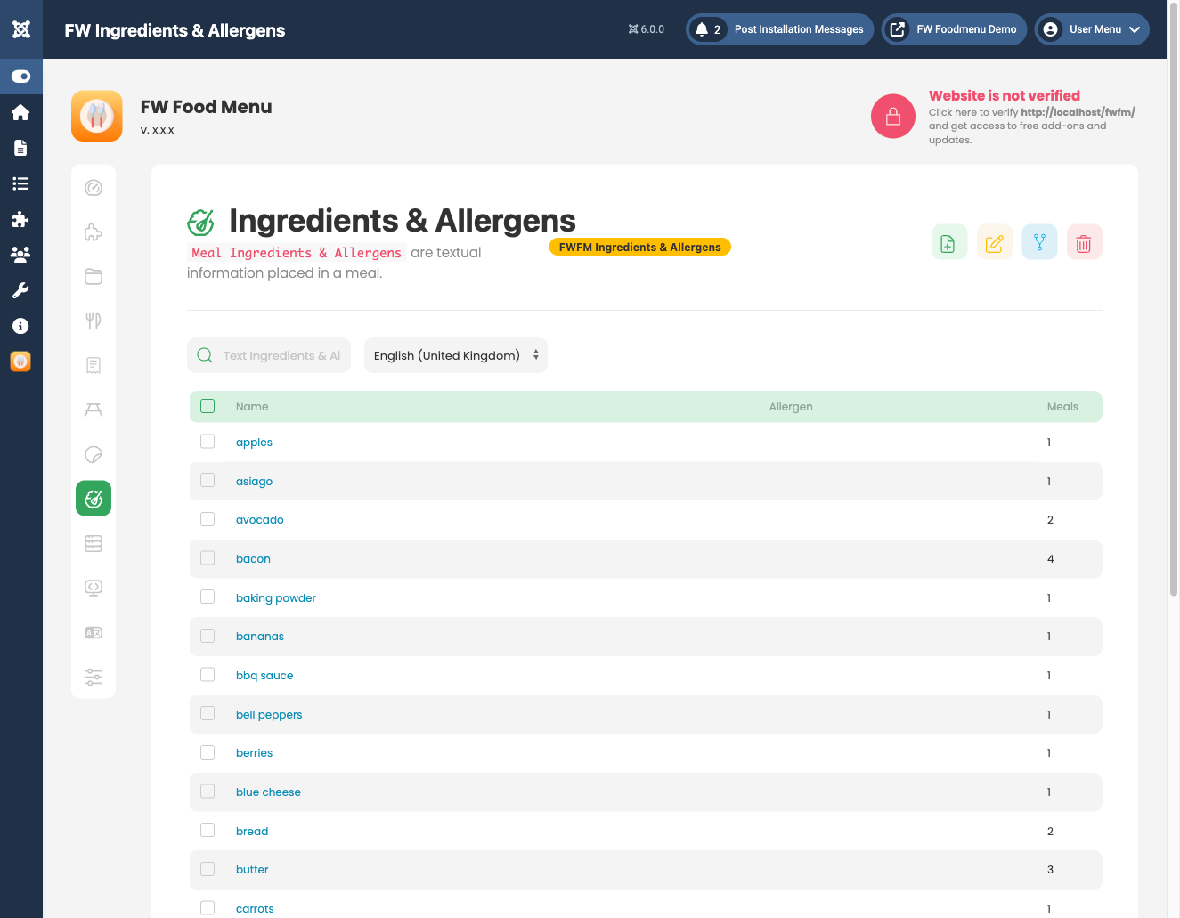 Allergen management list in admin