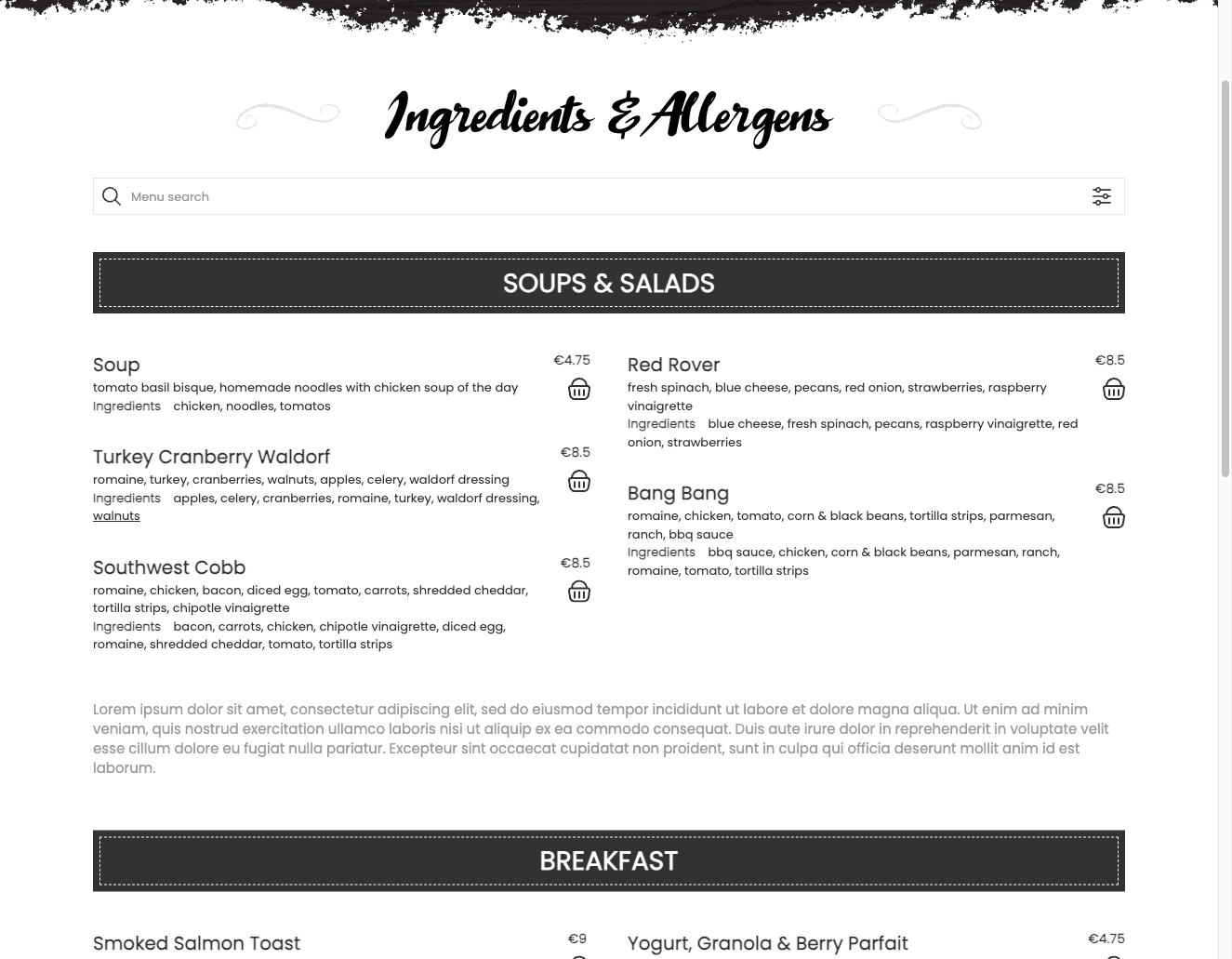 Ingredients and allergen list on meal detail page
