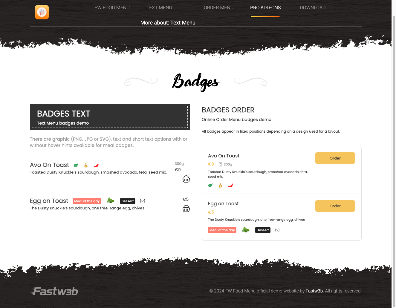 Meal cards with badges in menu listing