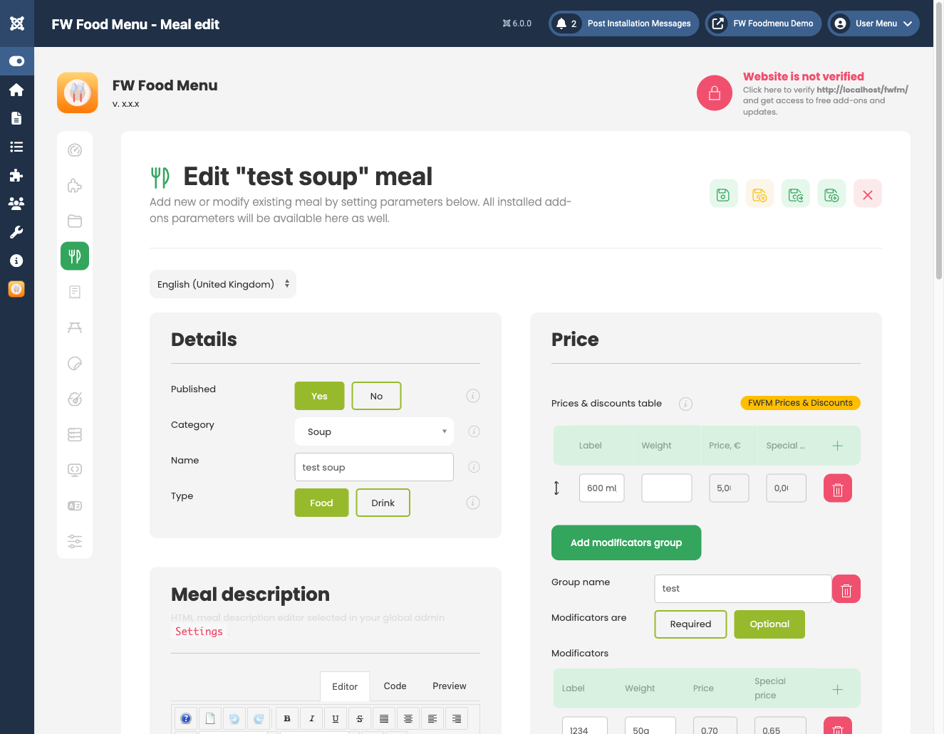 Modifier group setup in meal edit form