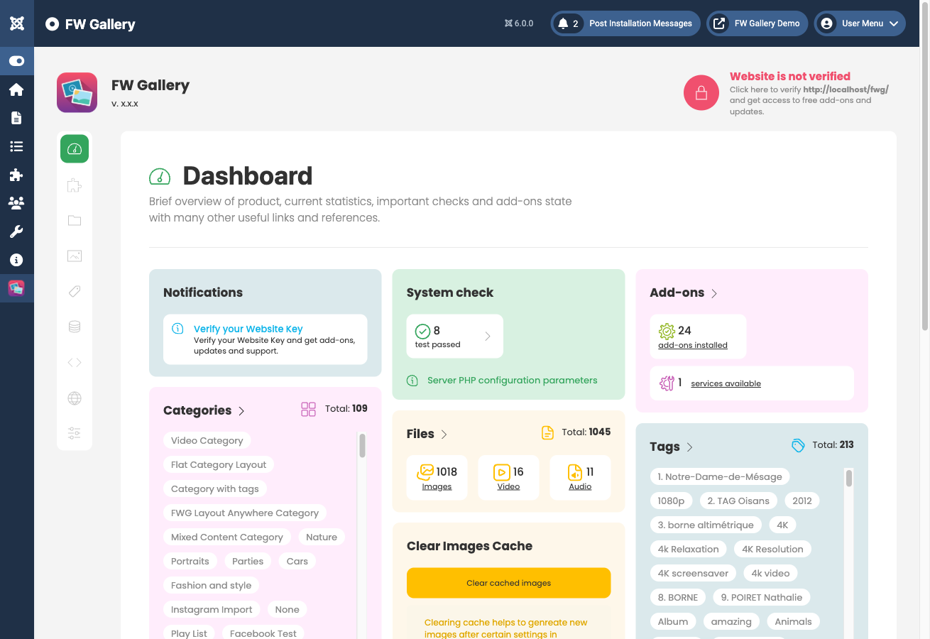 FW Gallery admin menu items in Joomla
