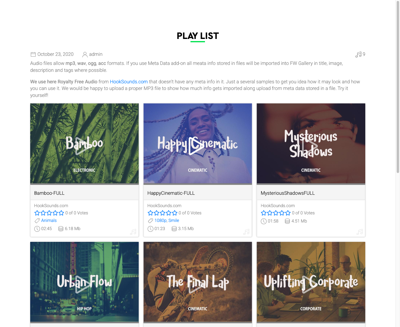 Audio file grid item with play icon overlay