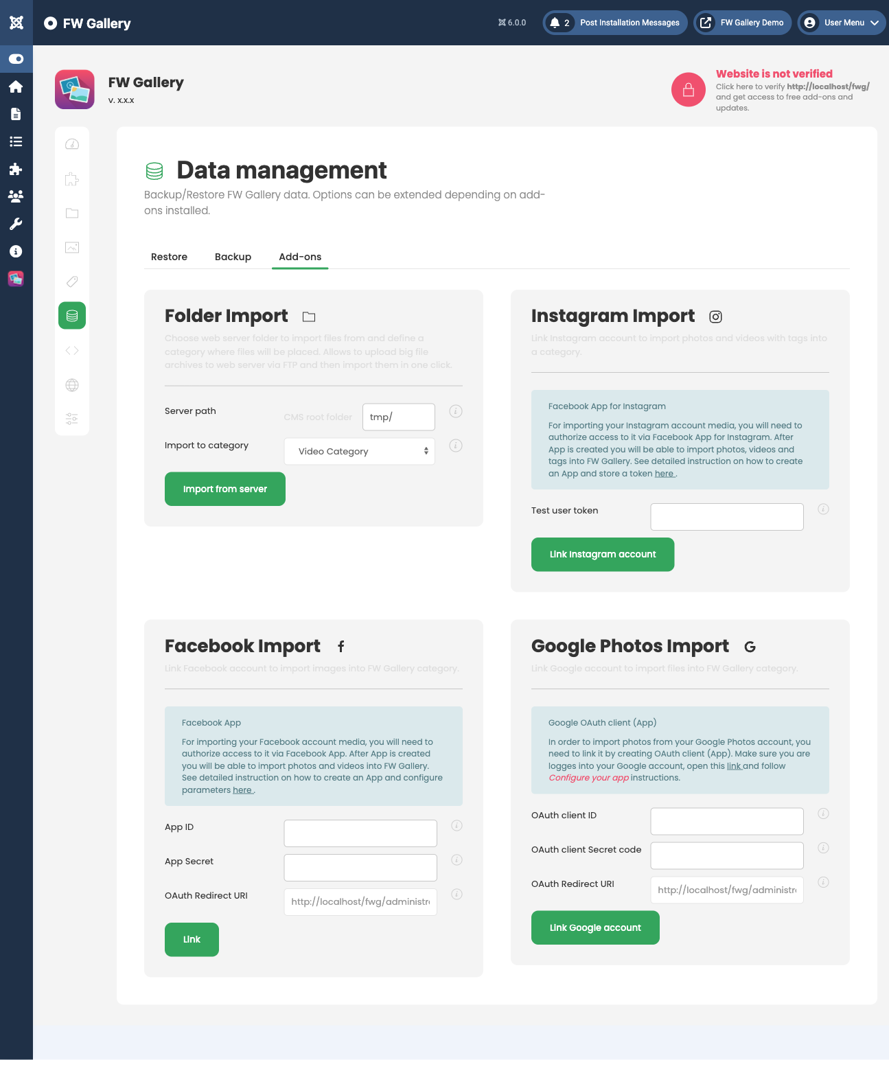 Import interface showing folder and social source options