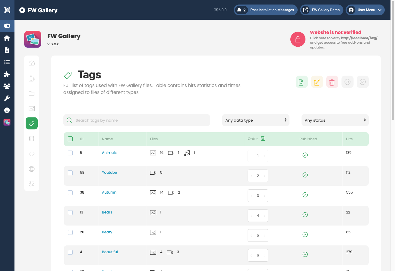 Tags management screen in admin panel