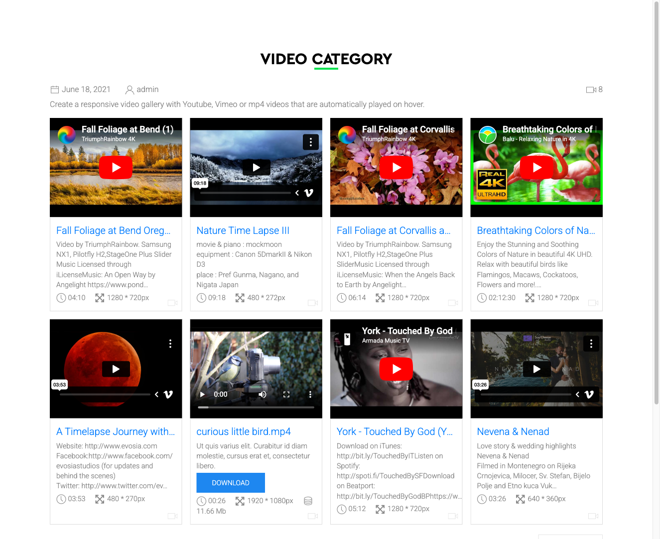 Video grid item with play button overlay