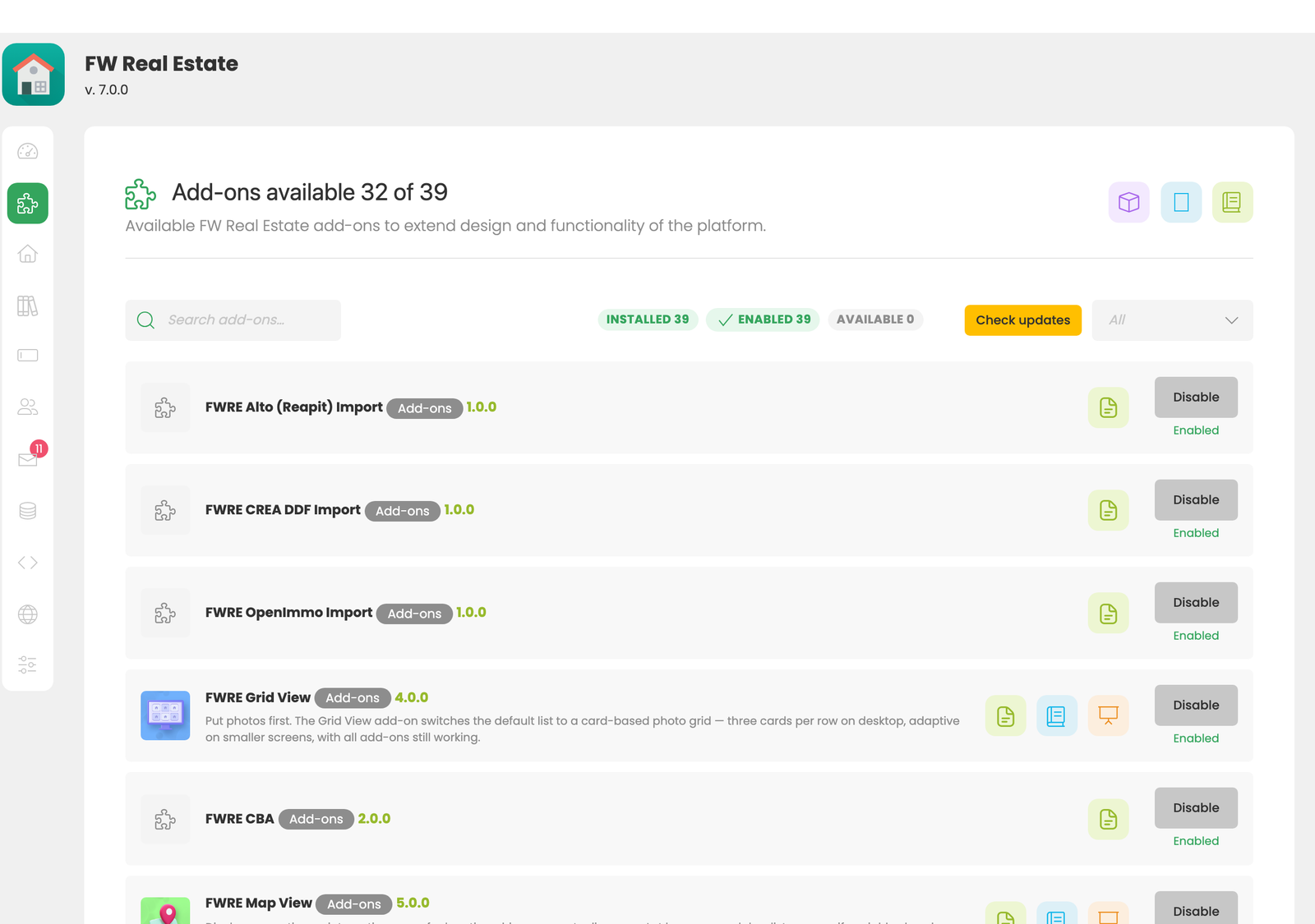the Add-ons screen: enable, disable, update