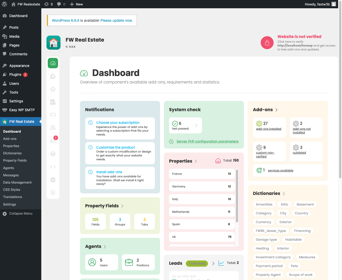 FW Real Estate admin menu items in Joomla