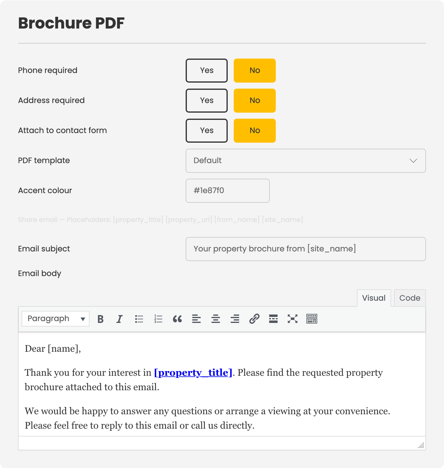 the Brochure PDF card in Configuration → Add-ons
