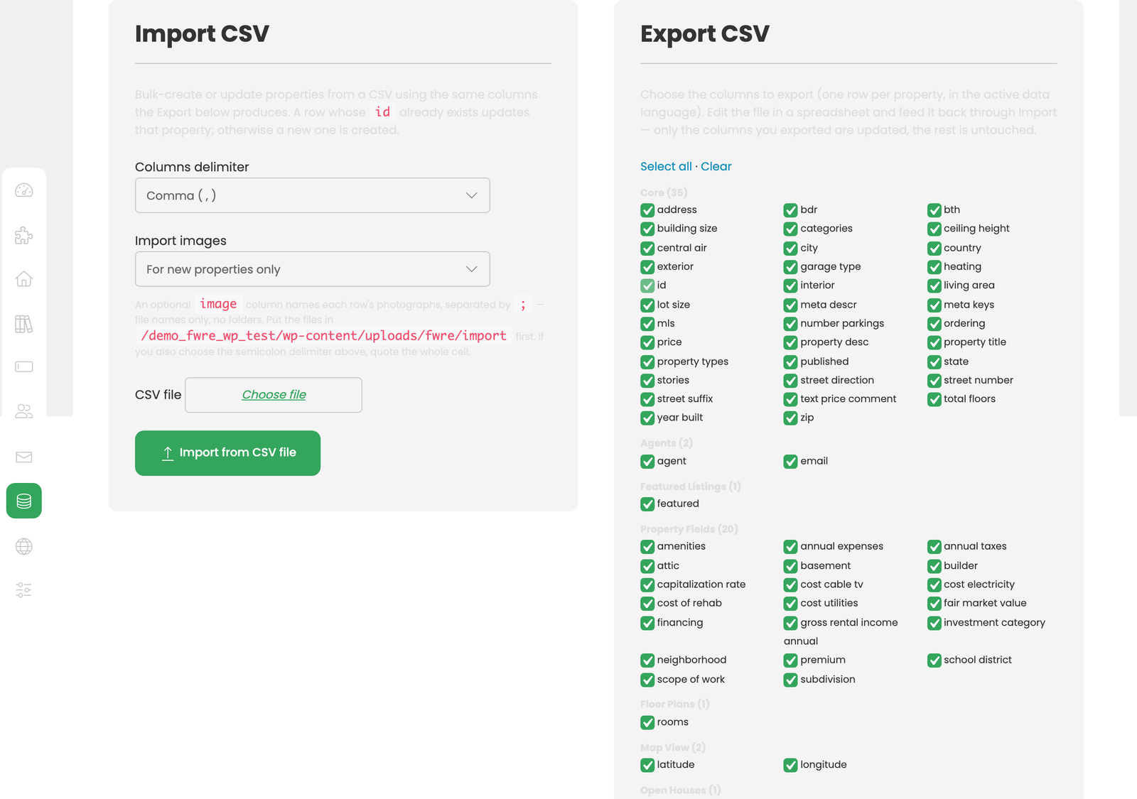 Import and Export on the Data Management screen