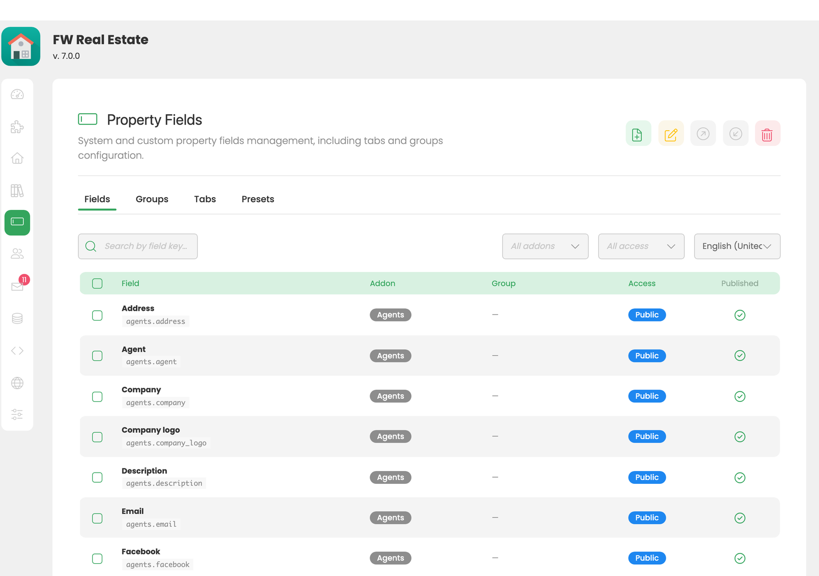 The custom fields list