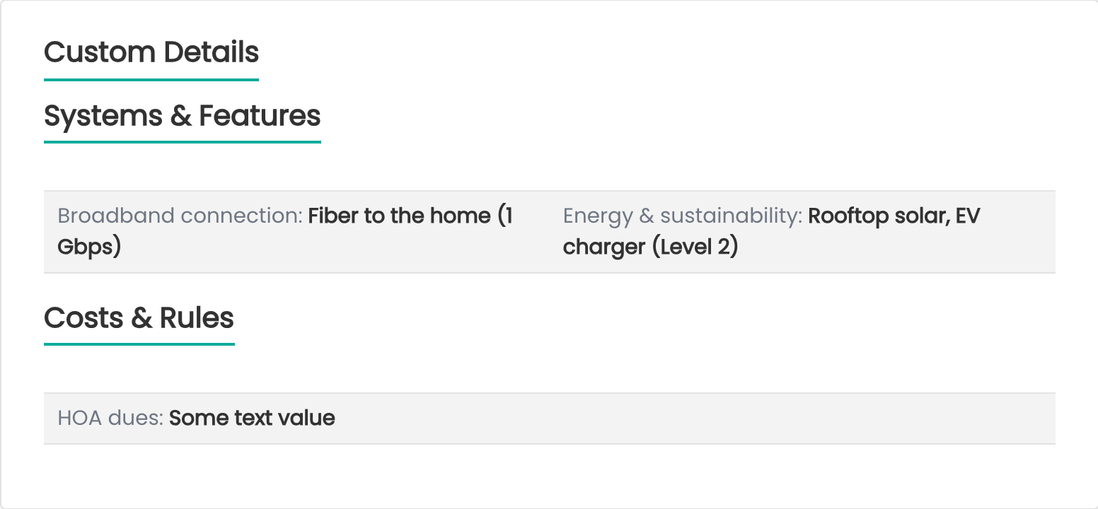 Custom fields on the property detail page