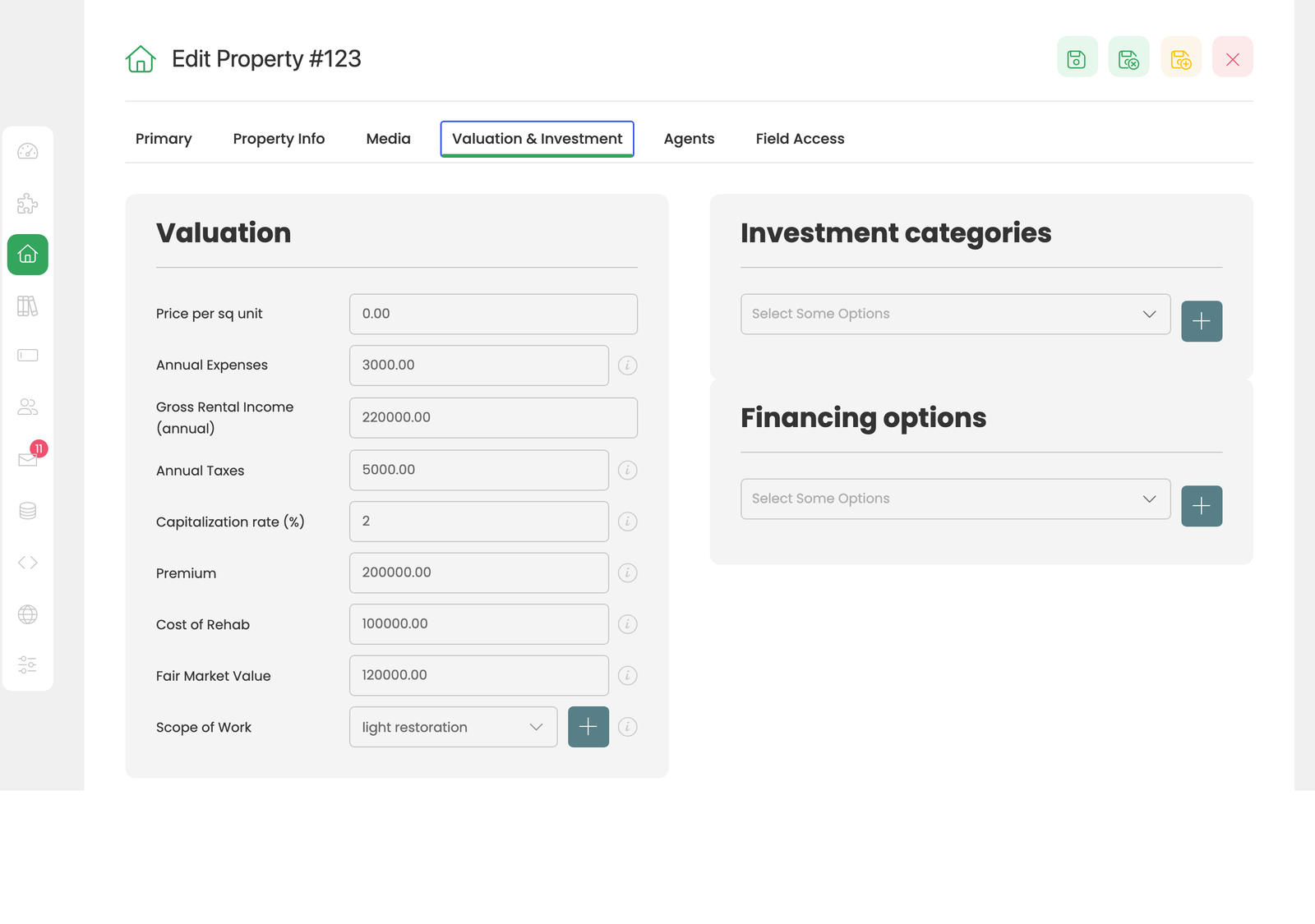 The Valuation & Investment tab on the property form