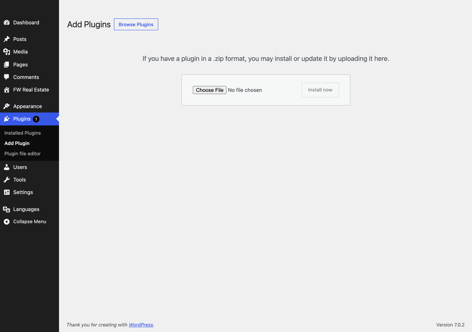 WordPress Plugins screen with the FW Real Estate ZIP ready to install