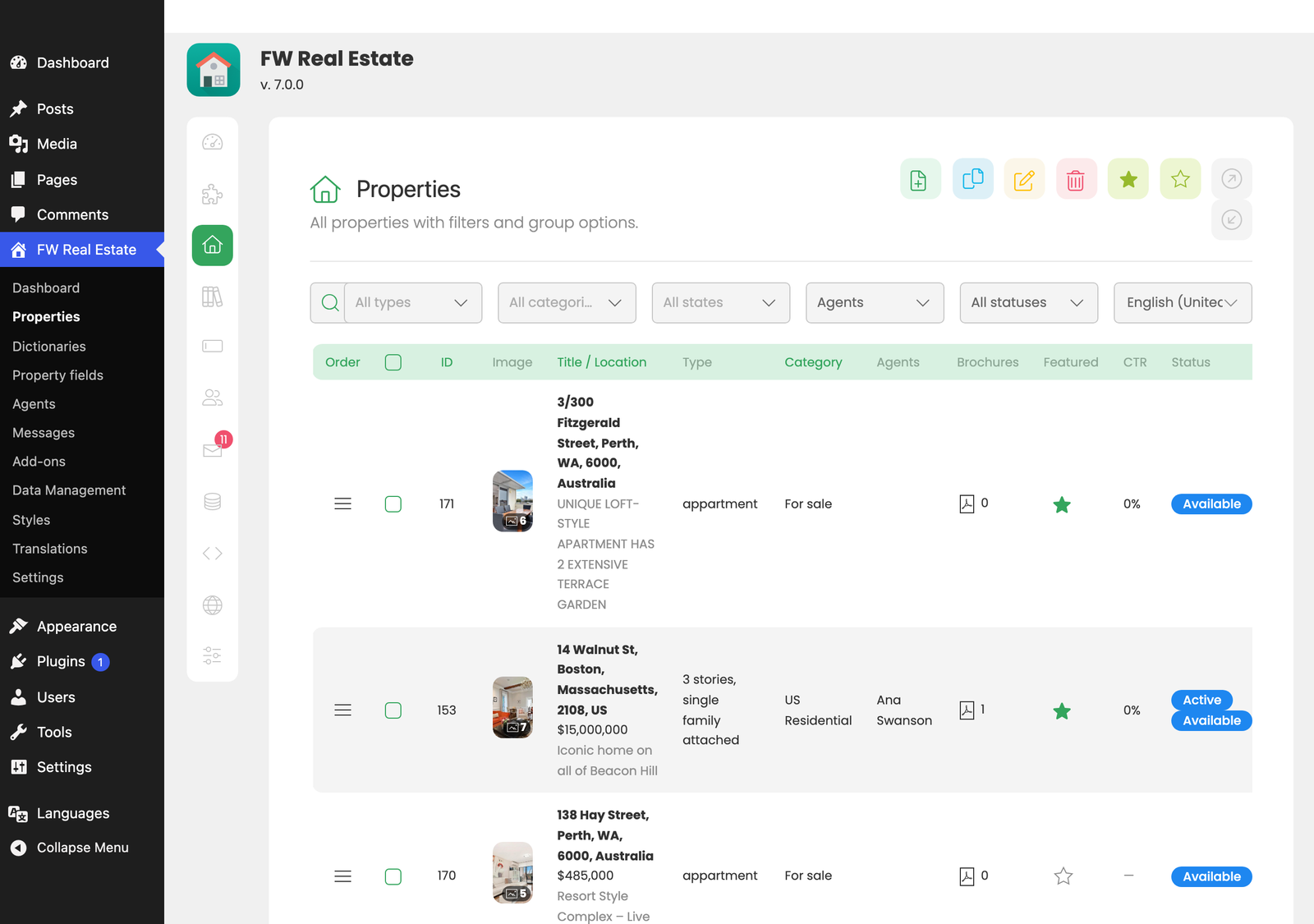FW Real Estate admin sidebar with the Properties item highlighted