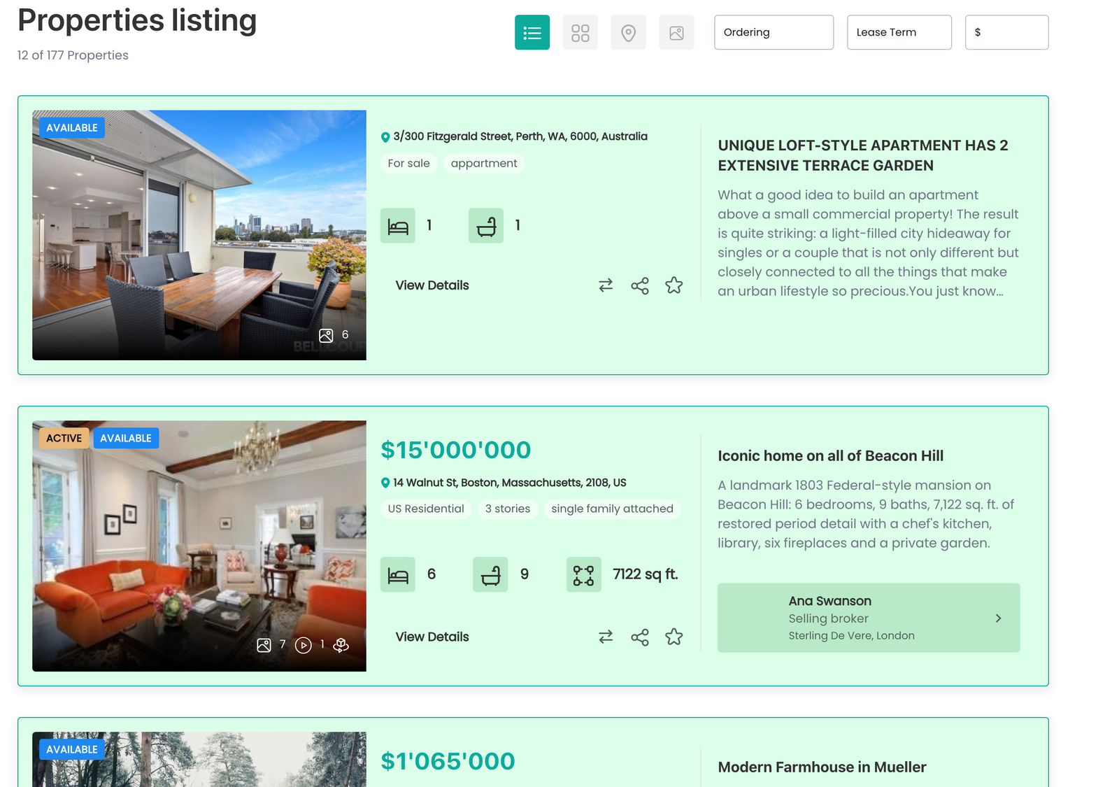 The first property as seen by visitors on the frontend