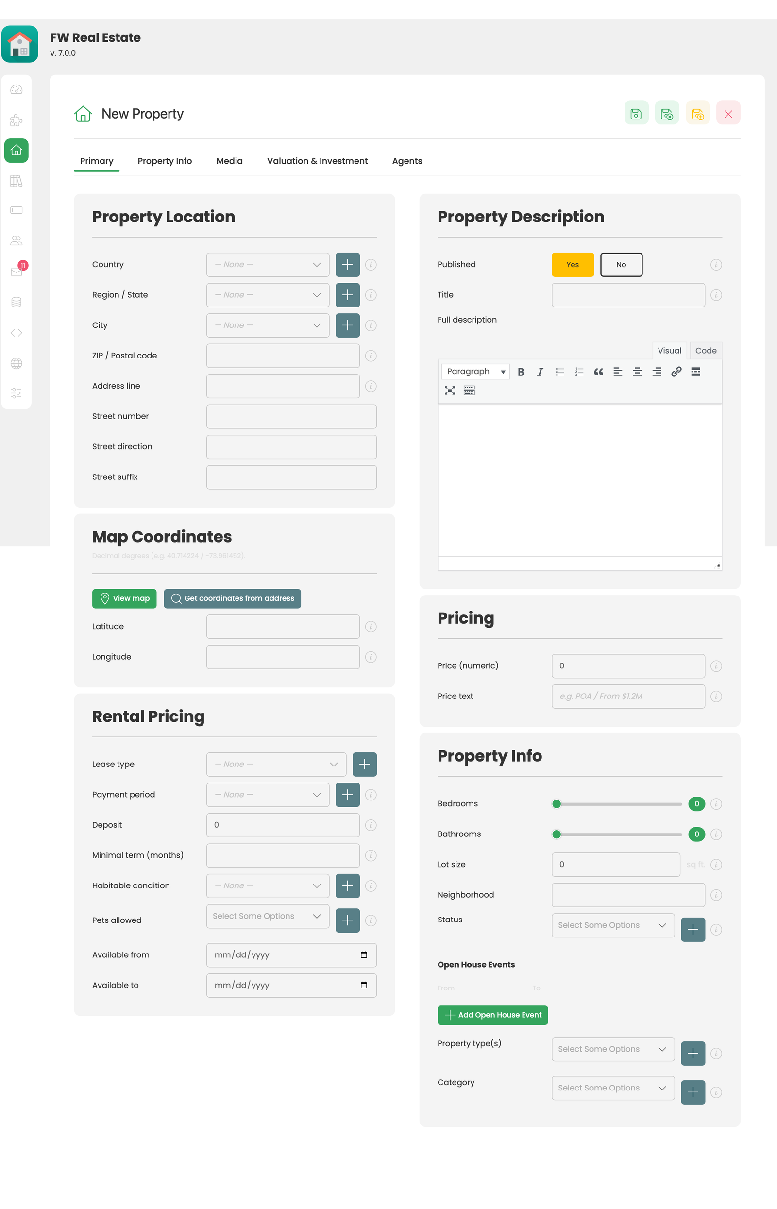 New property form in FW Real Estate admin