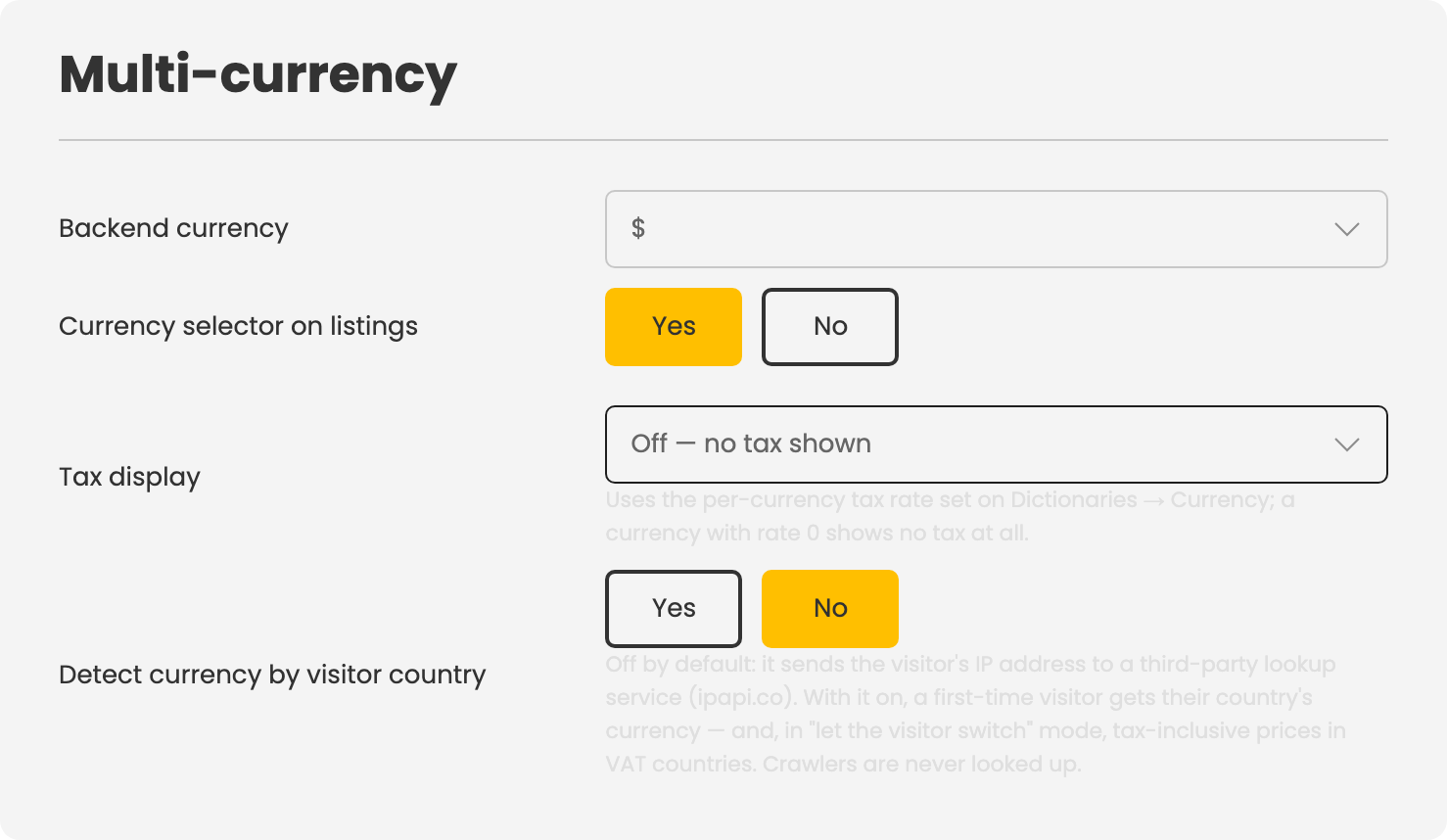 The Multi-currency card in Configuration → Add-ons
