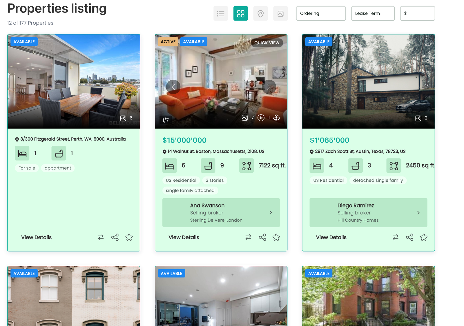 Property listing page with grid layout
