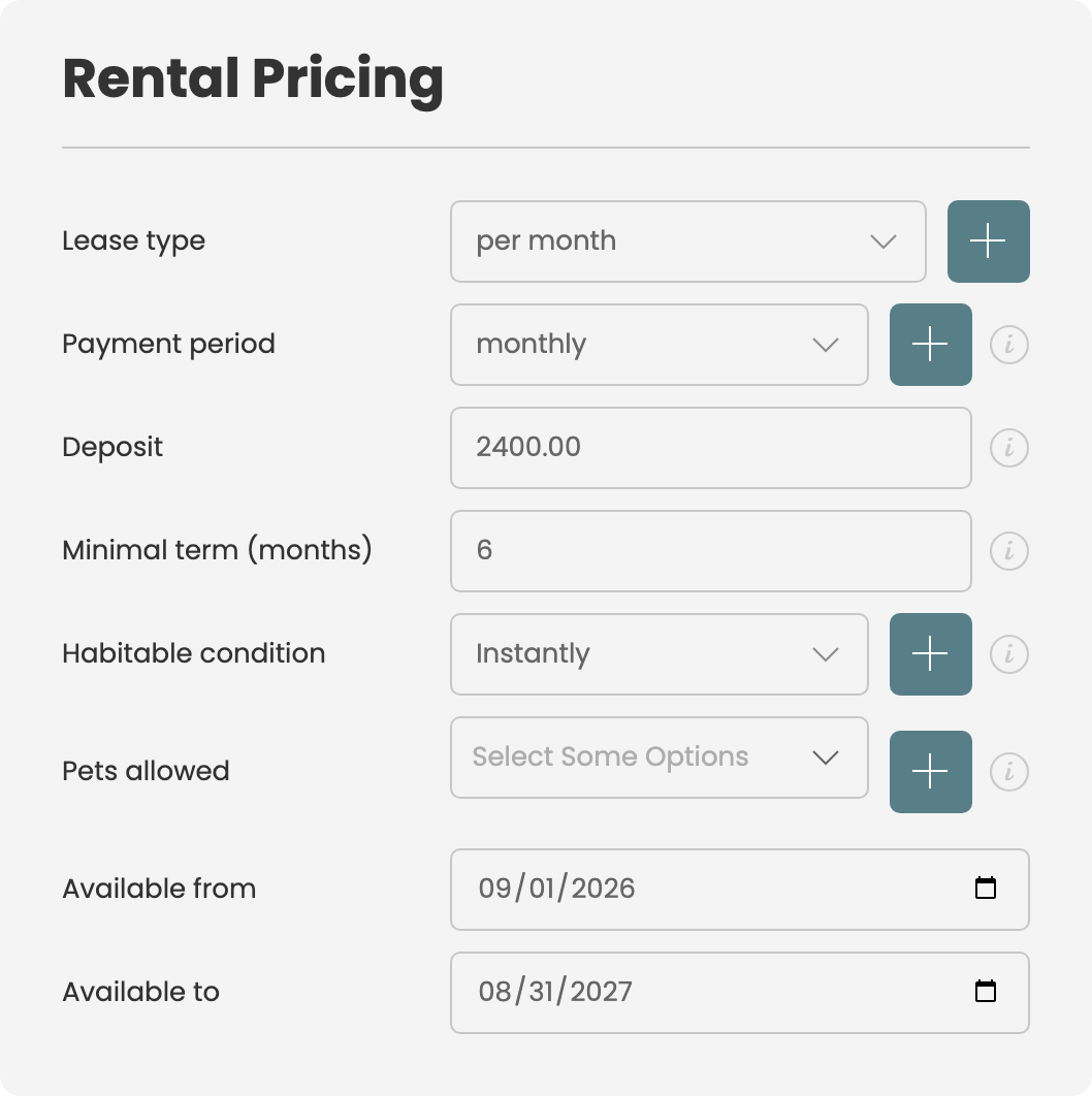 the Rental Pricing card on the property form
