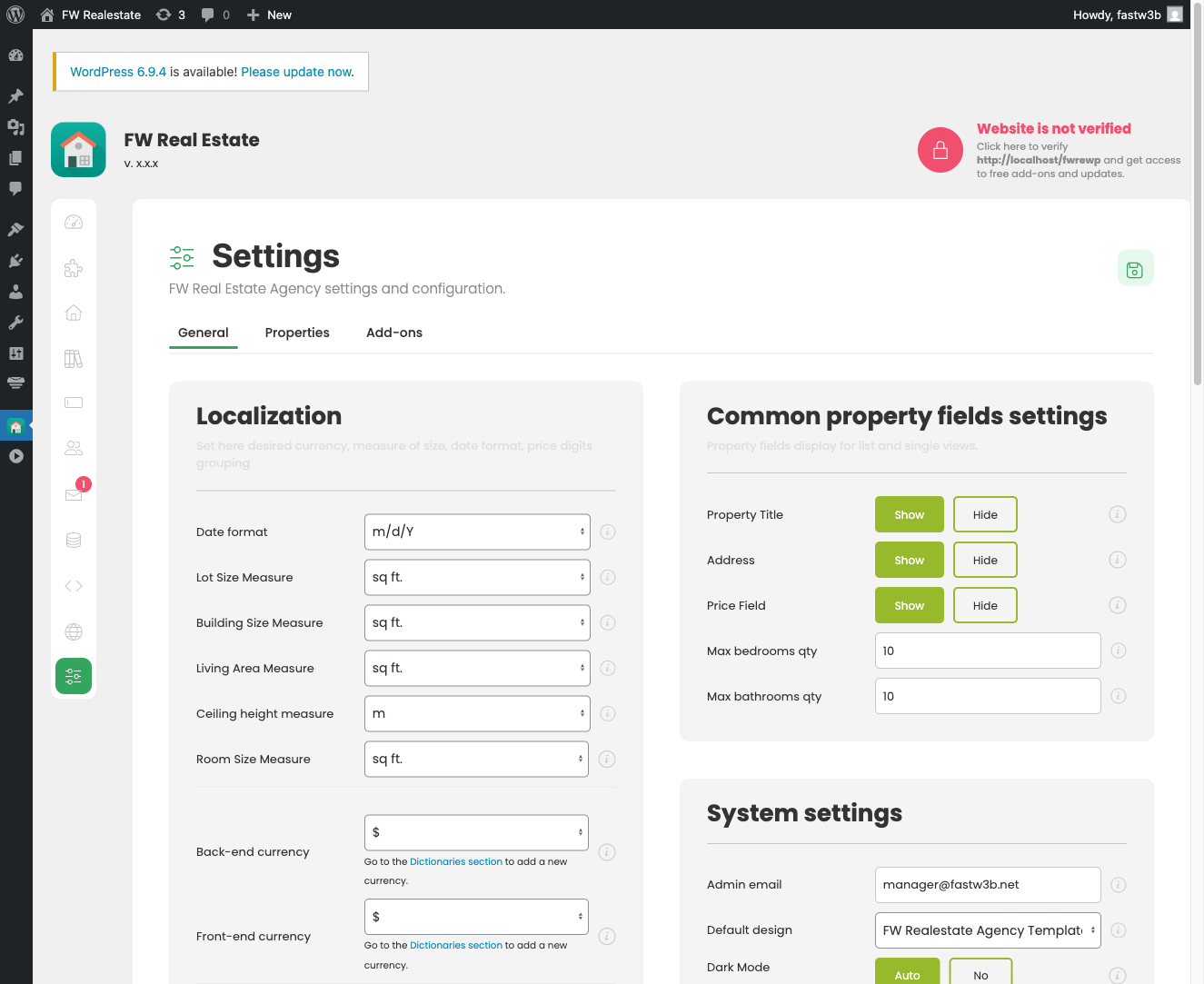 General tab showing Localization and Image Settings sections