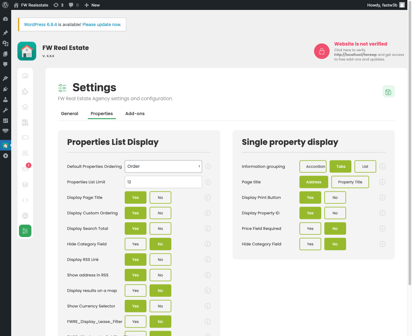 Properties tab with list and single property settings