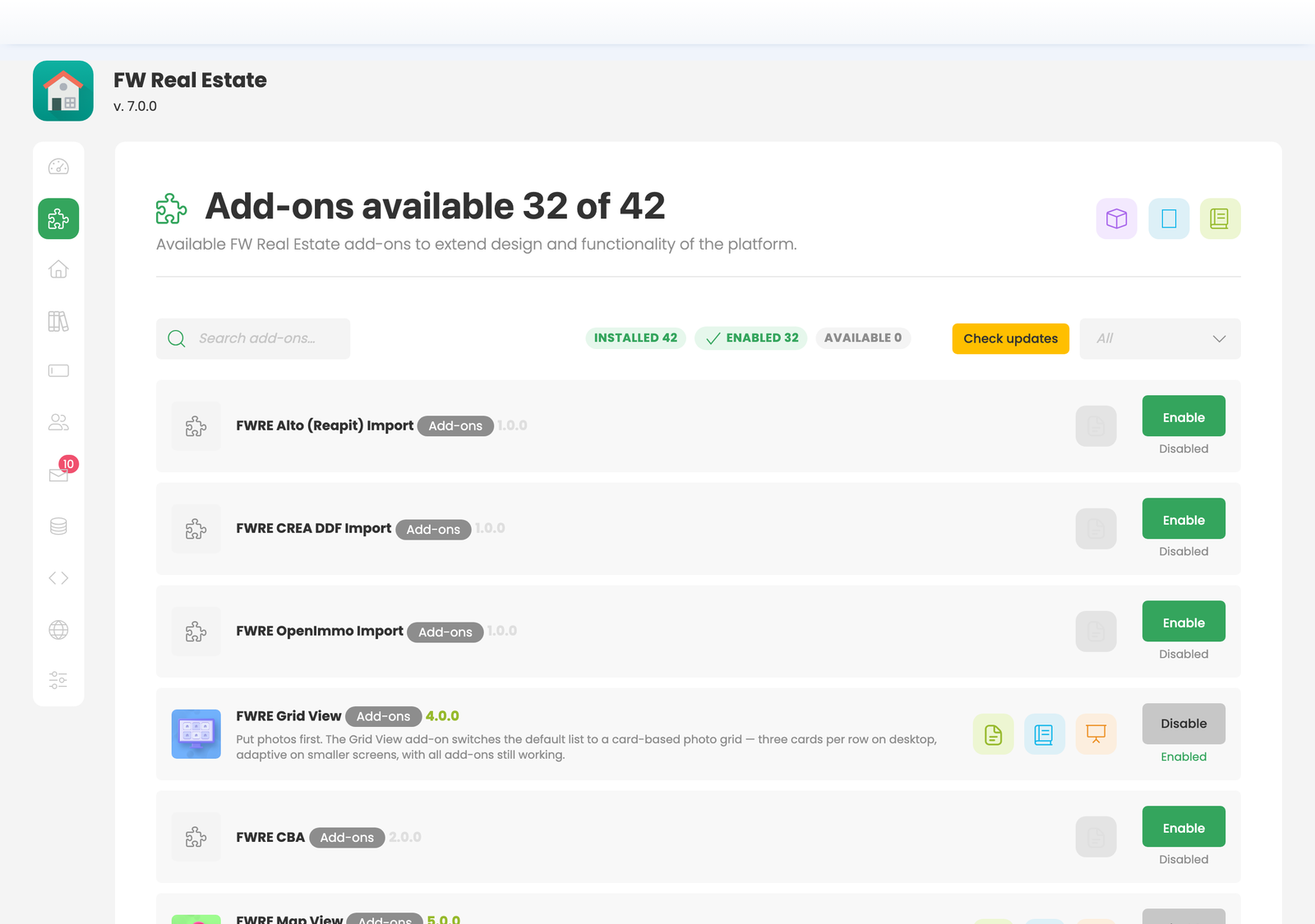 the Add-ons screen: enable, disable, update