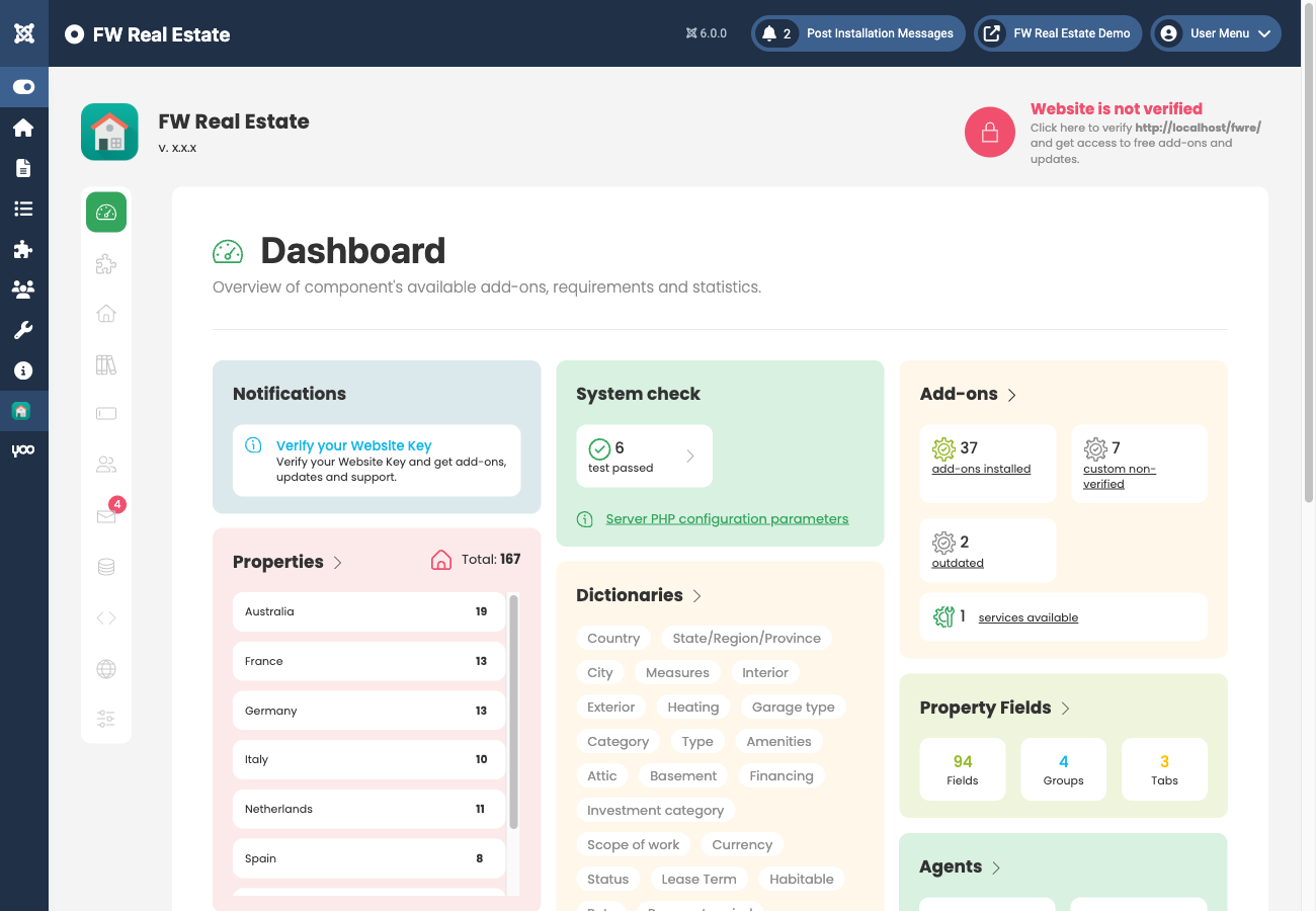 FW Real Estate admin menu items in Joomla