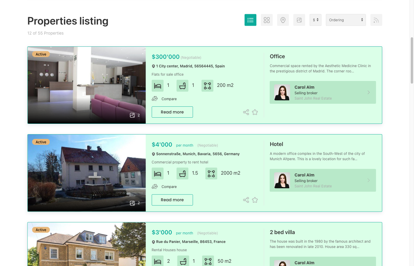 Property listing page with list layout