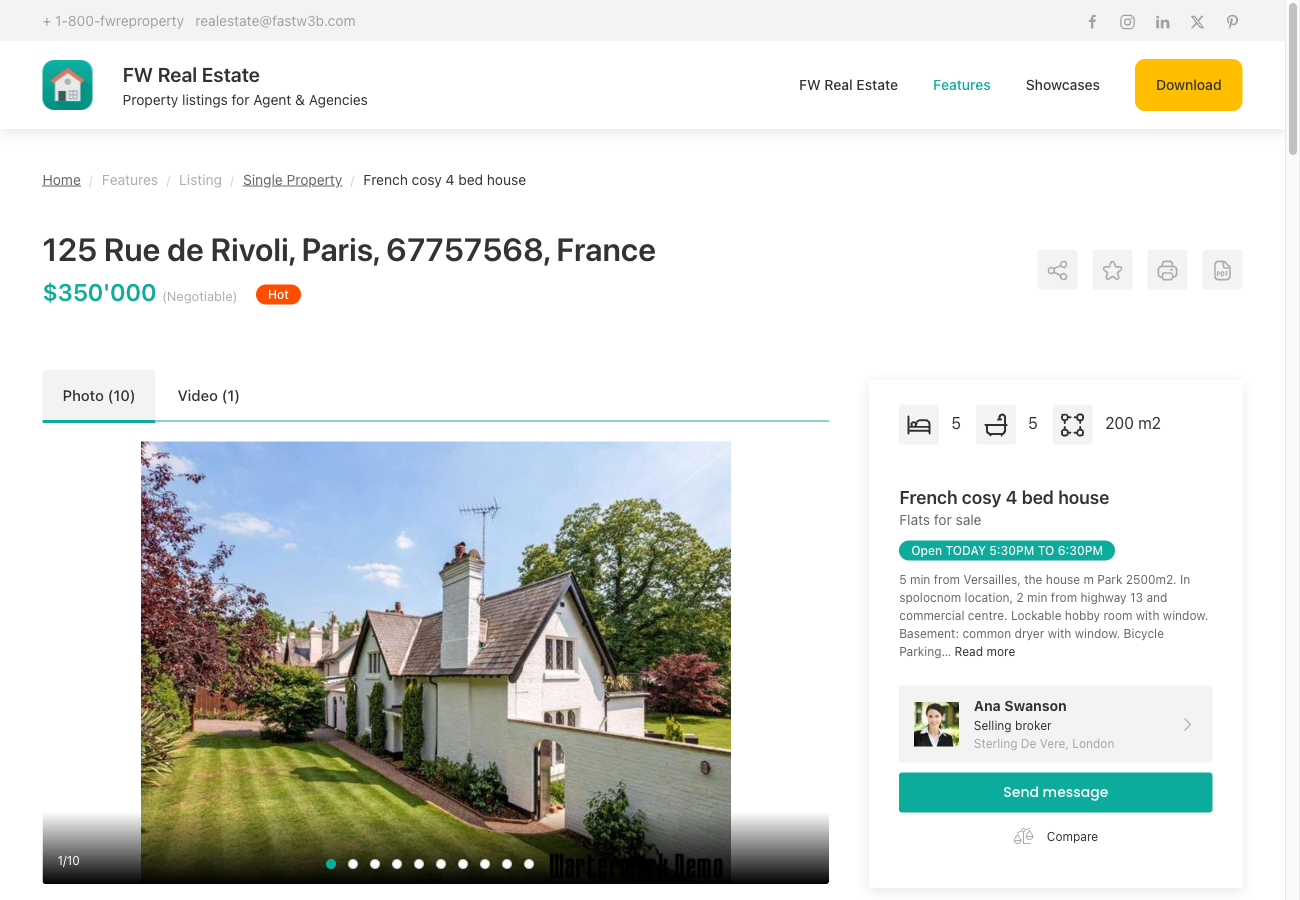 Property detail page with tabs and sidebar