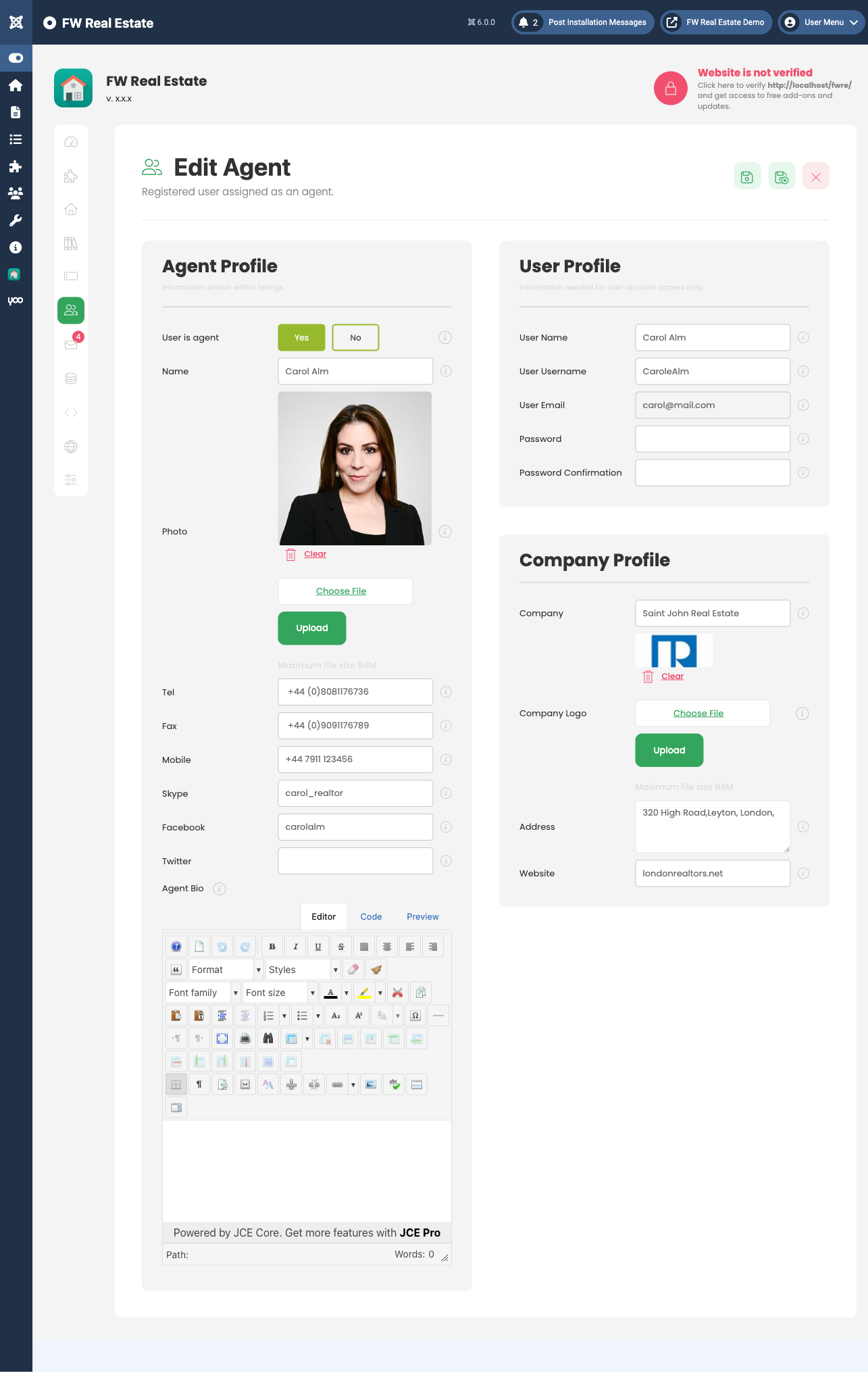 Agent edit form in admin panel