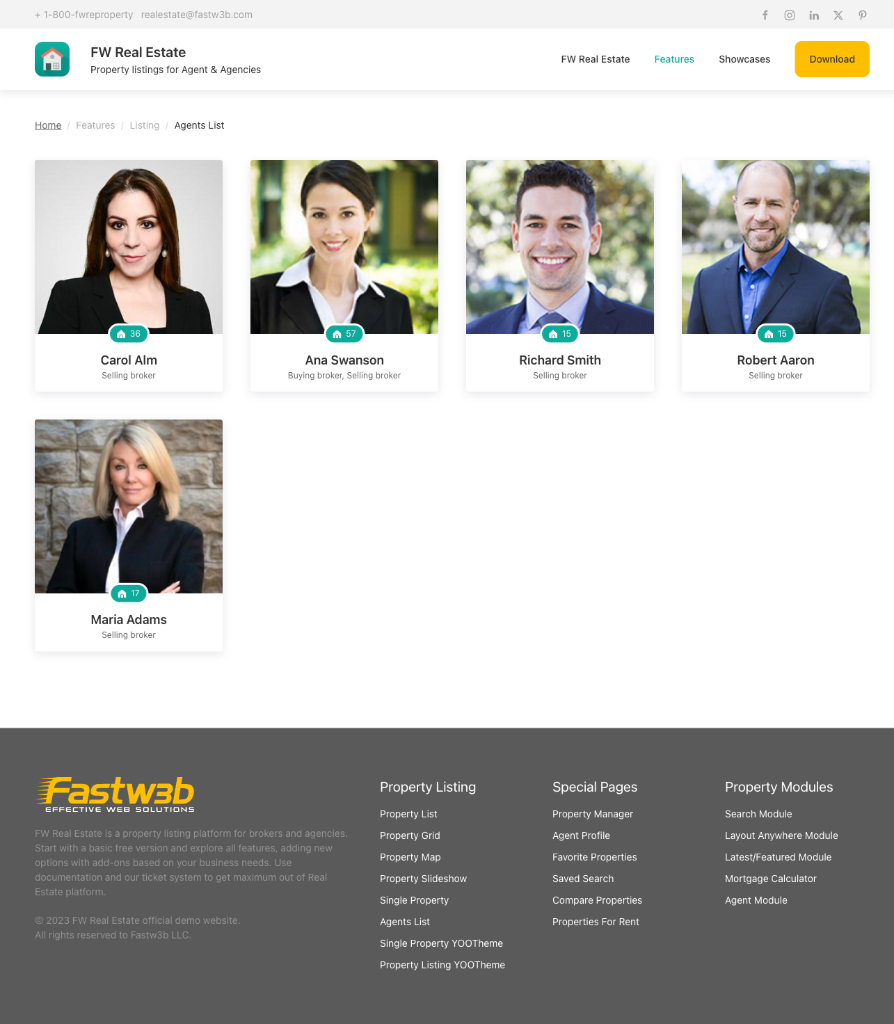 Agents listing page with photo cards