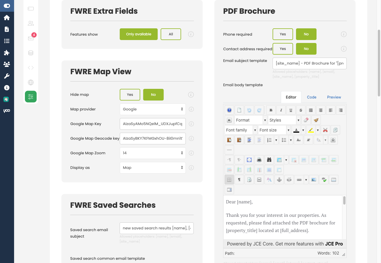 Brochure settings card in Settings → Addons tab