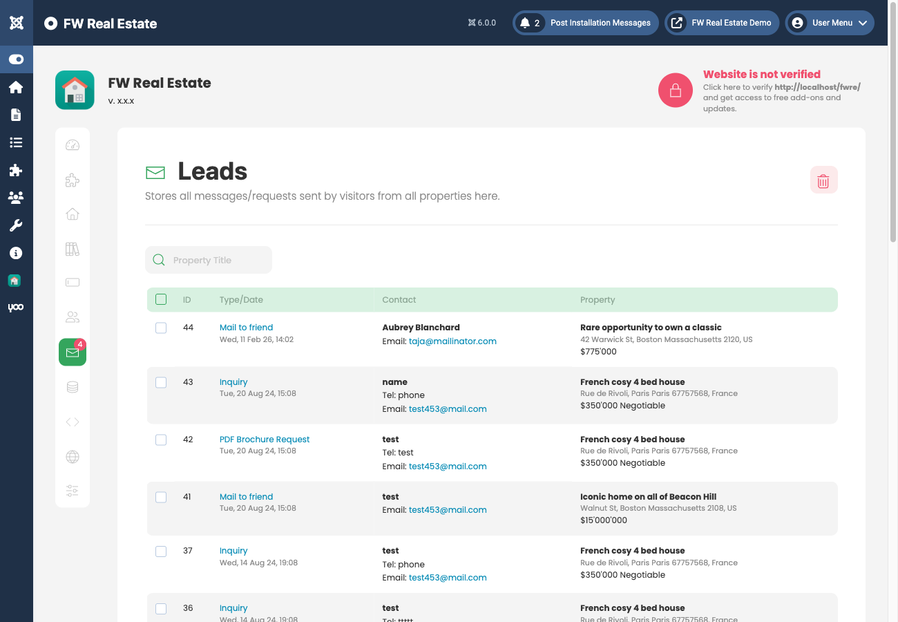 Messages list in admin panel