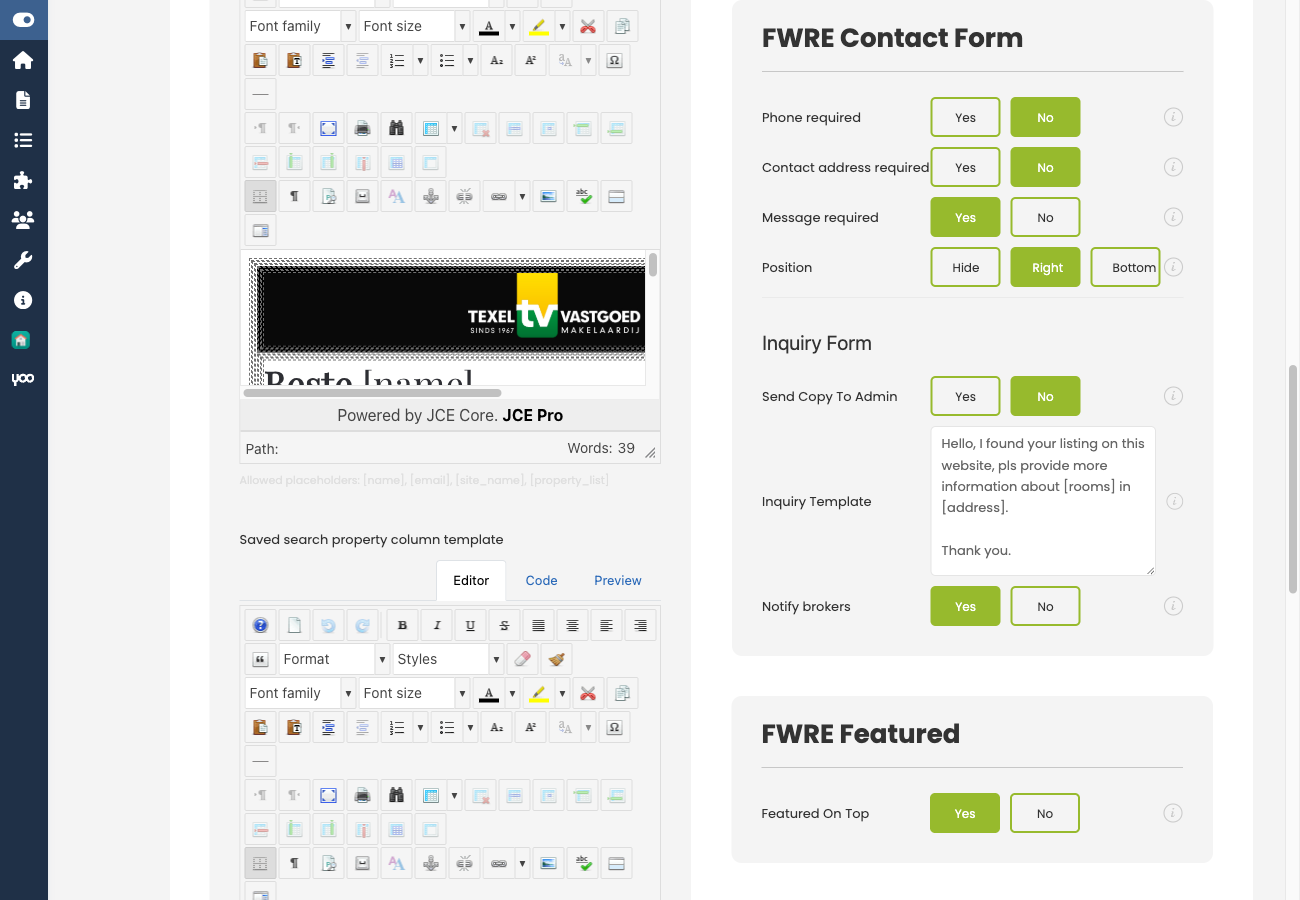 Contact Form settings in Settings → Addons tab