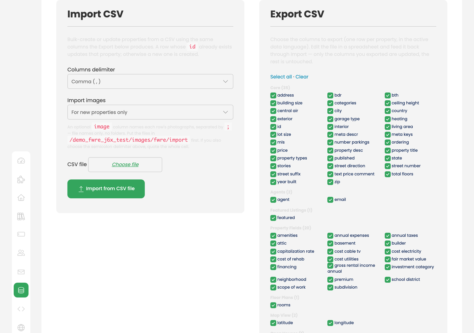 Import and Export on the Data Management screen
