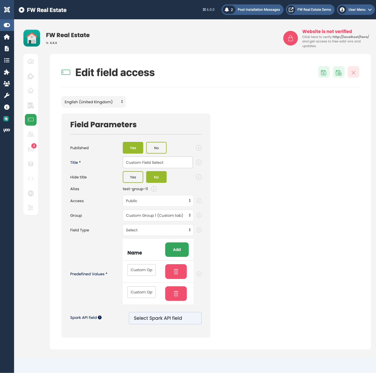 Custom field edit form with type selection