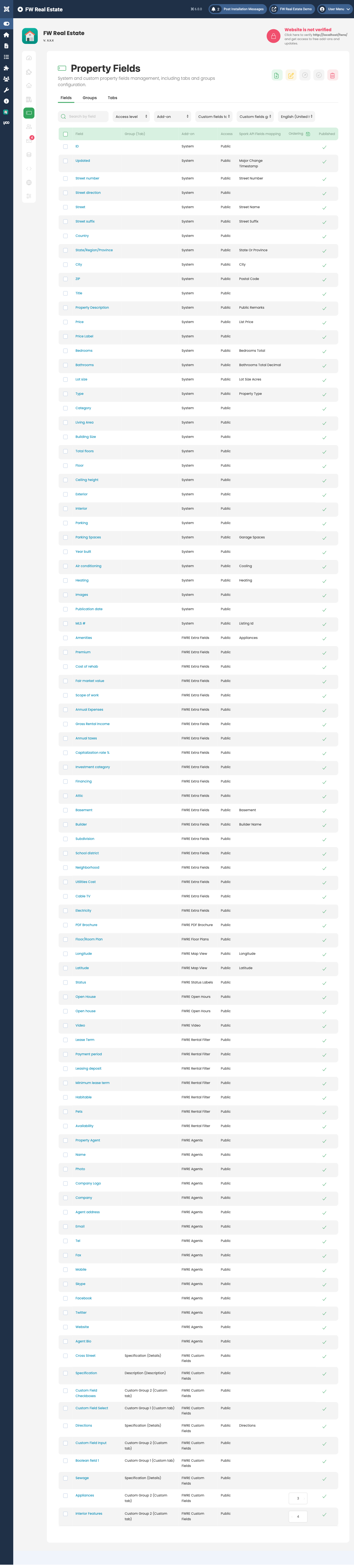 Custom fields list in admin panel