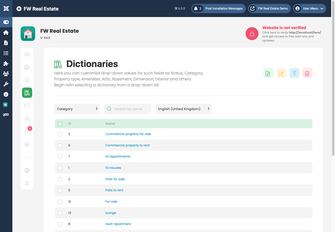 Dictionaries overview page showing available dictionary types