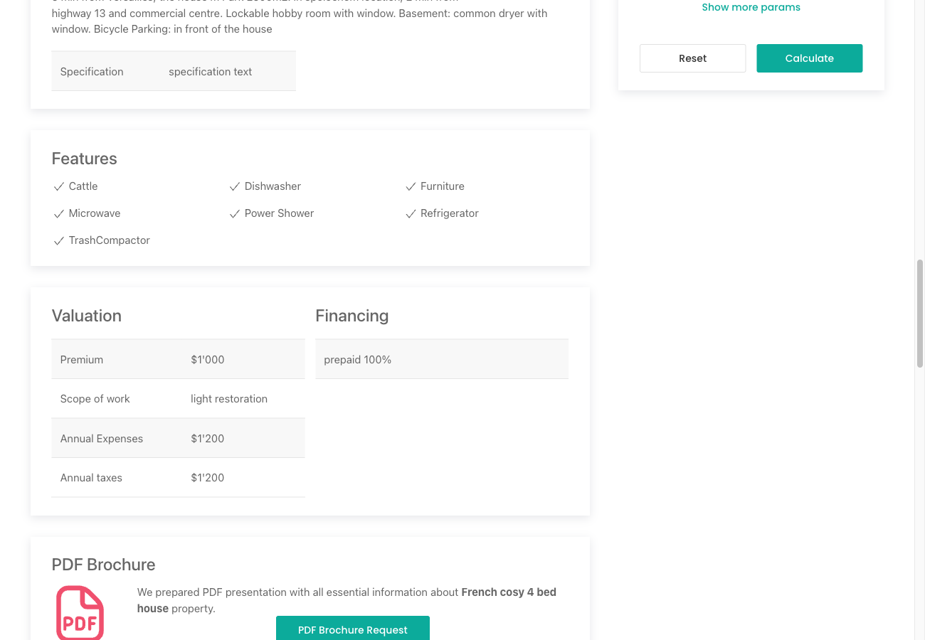 Features block on property detail page