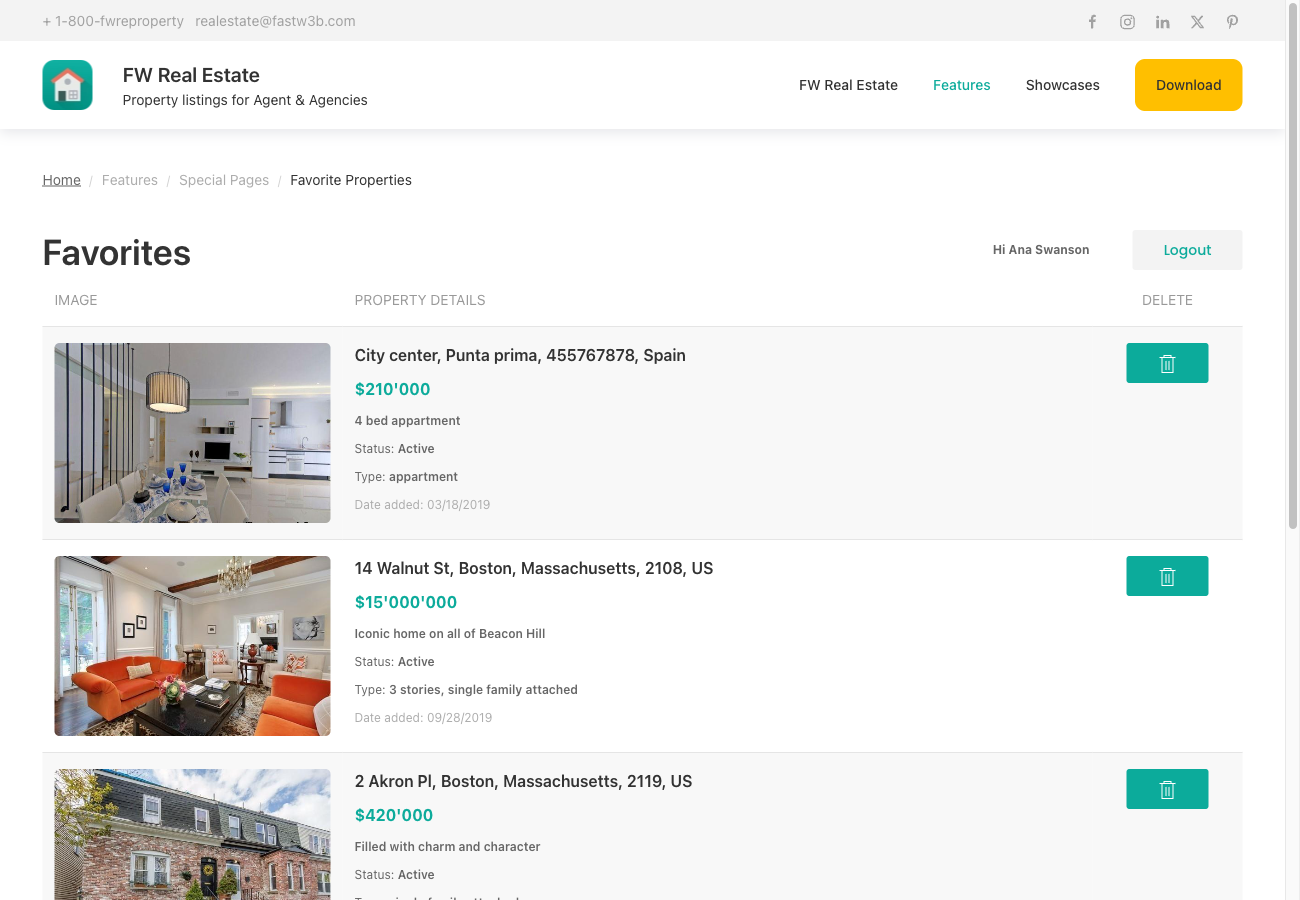 Favorites listing page