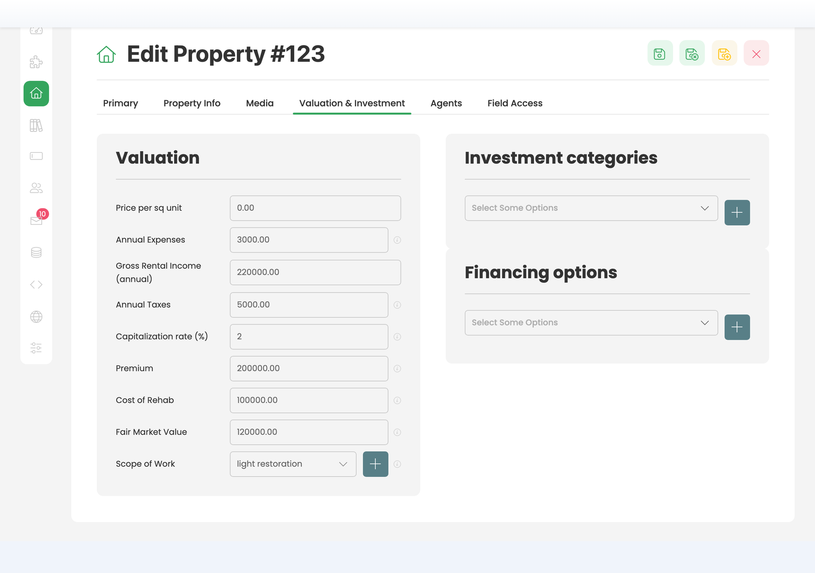 The Valuation & Investment tab on the property form