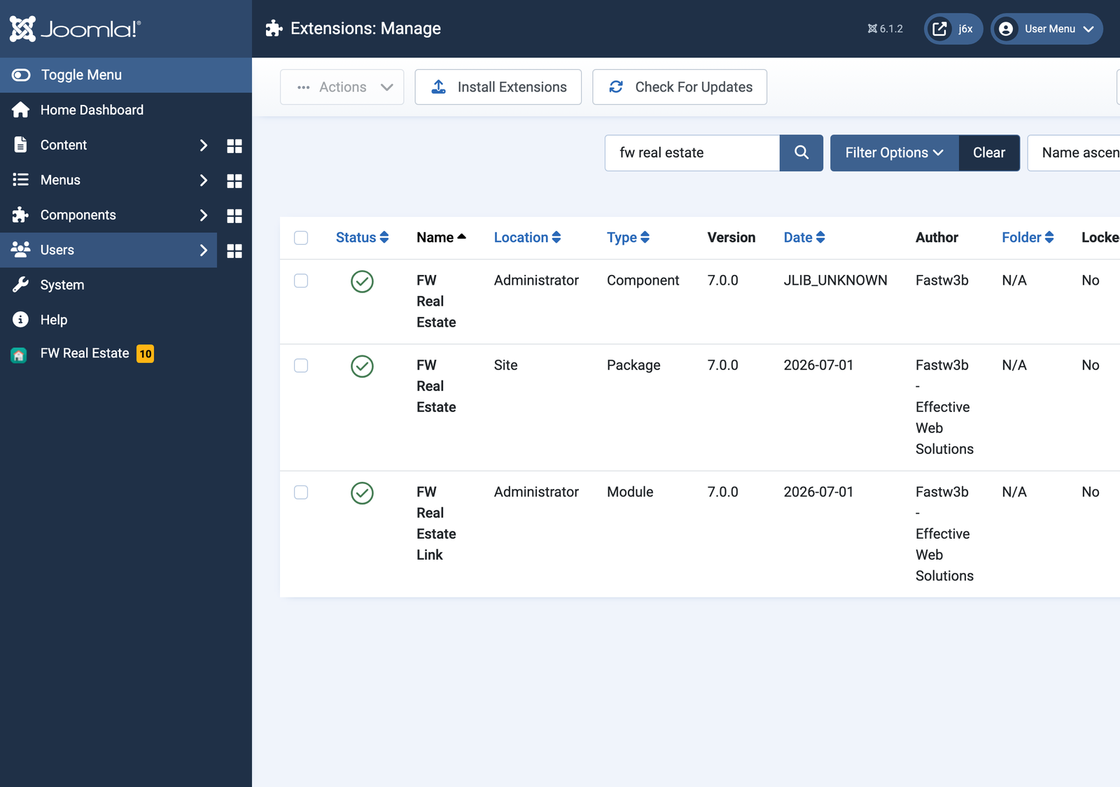 Joomla showing the FW Real Estate installation success message