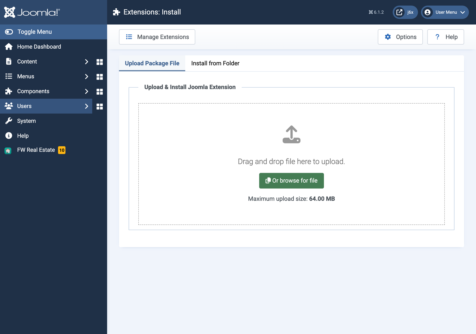Joomla Extension Manager with the FW Real Estate ZIP ready to install