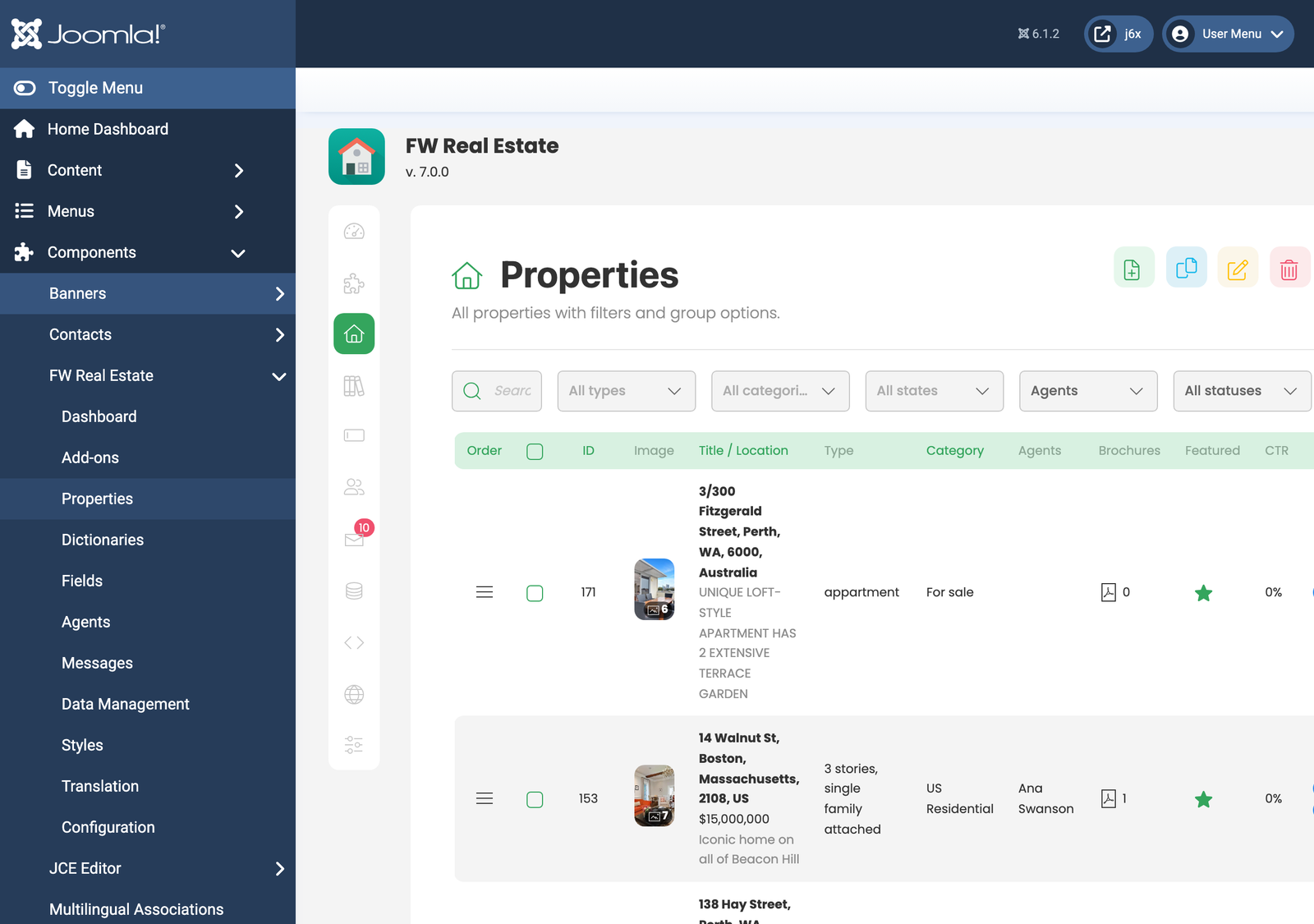 FW Real Estate admin sidebar with the Properties item highlighted