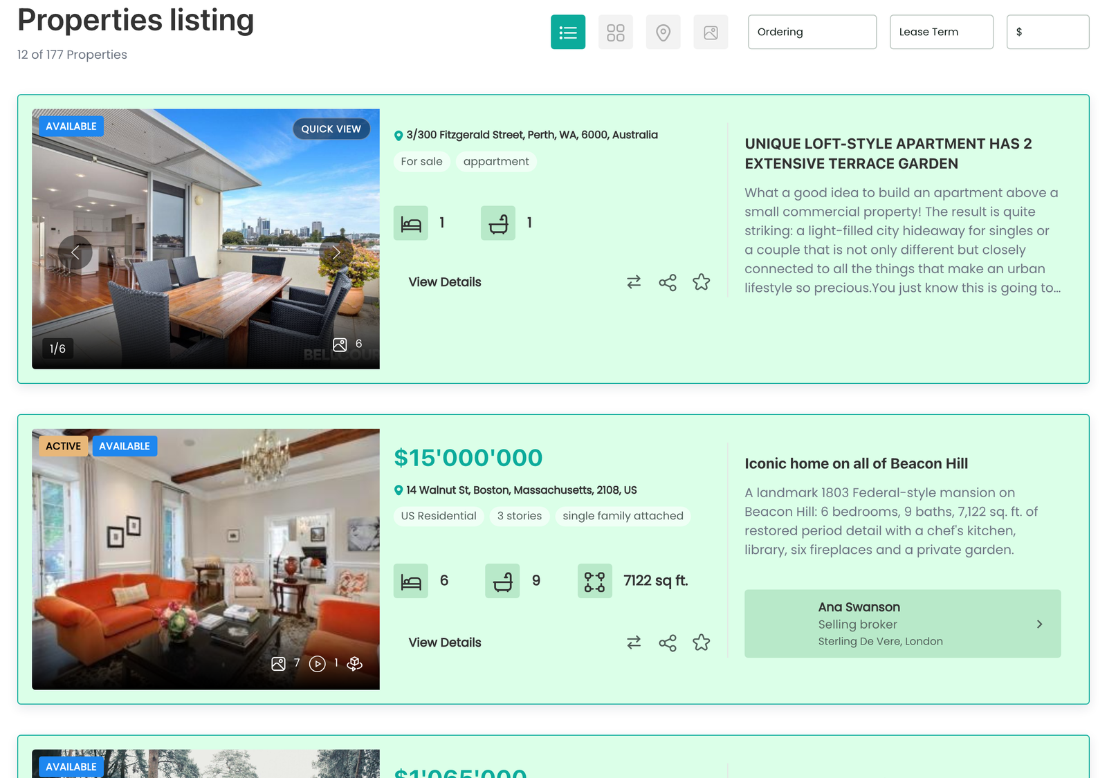 The first property as seen by visitors on the frontend
