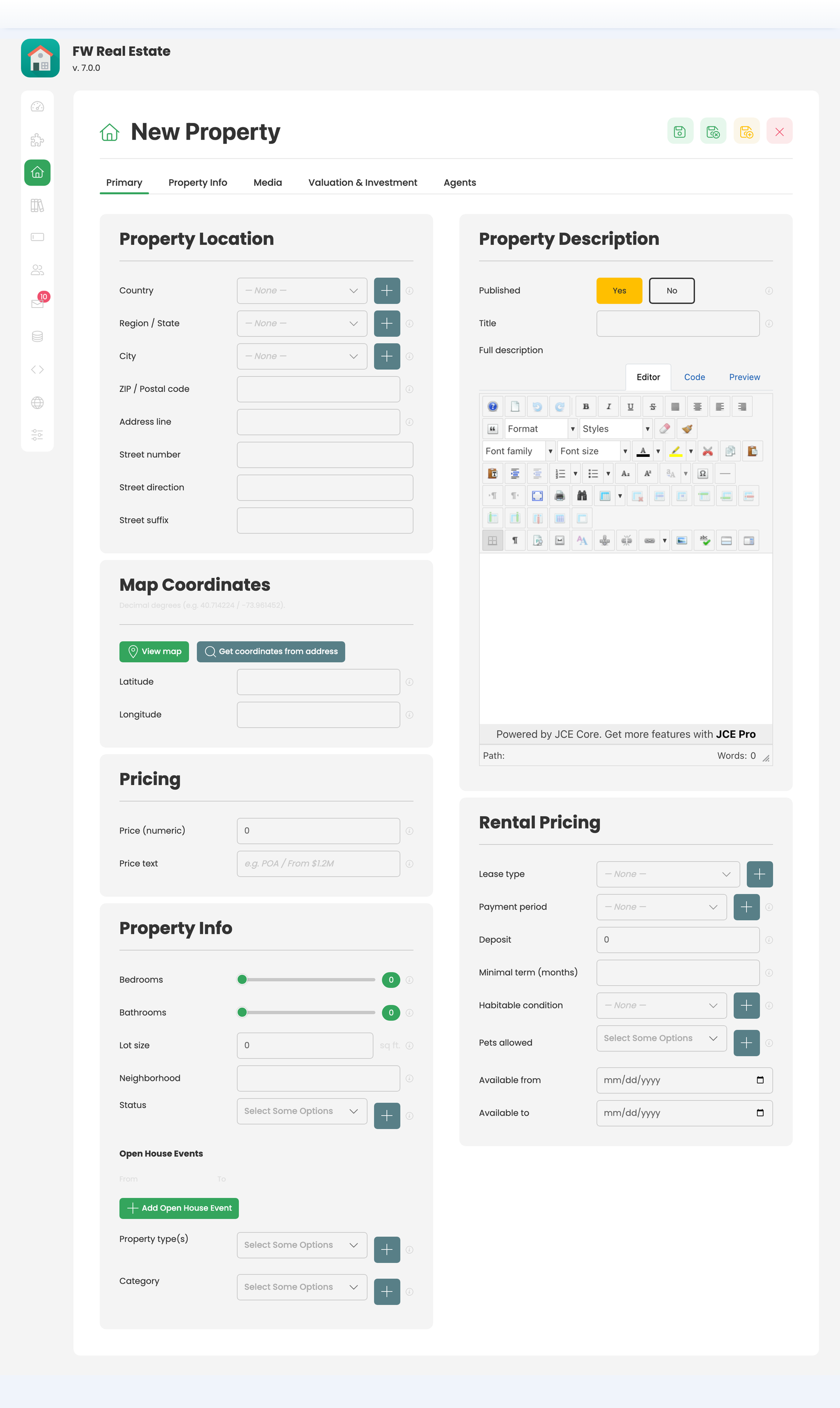 New property form in FW Real Estate admin