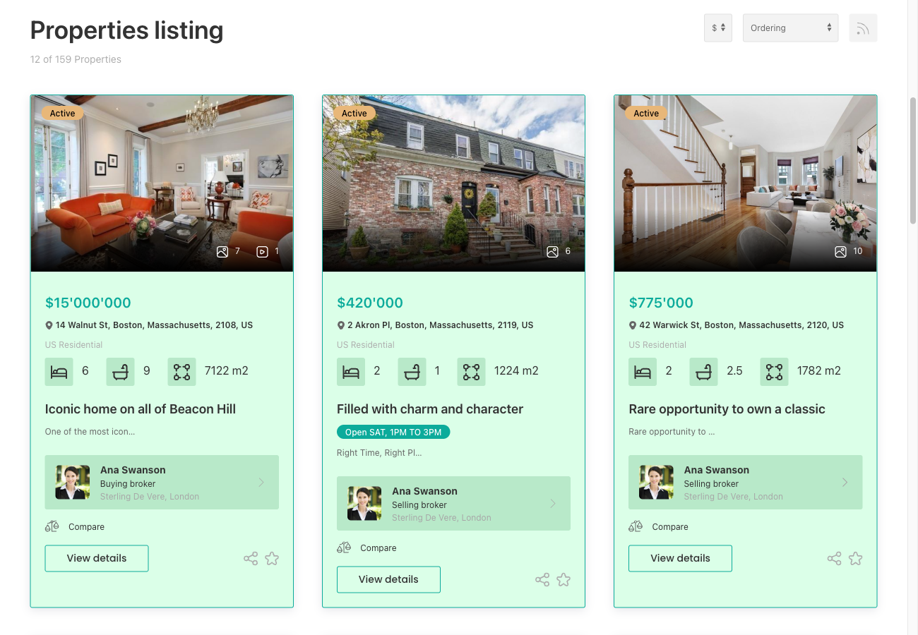 Property listing in grid card layout